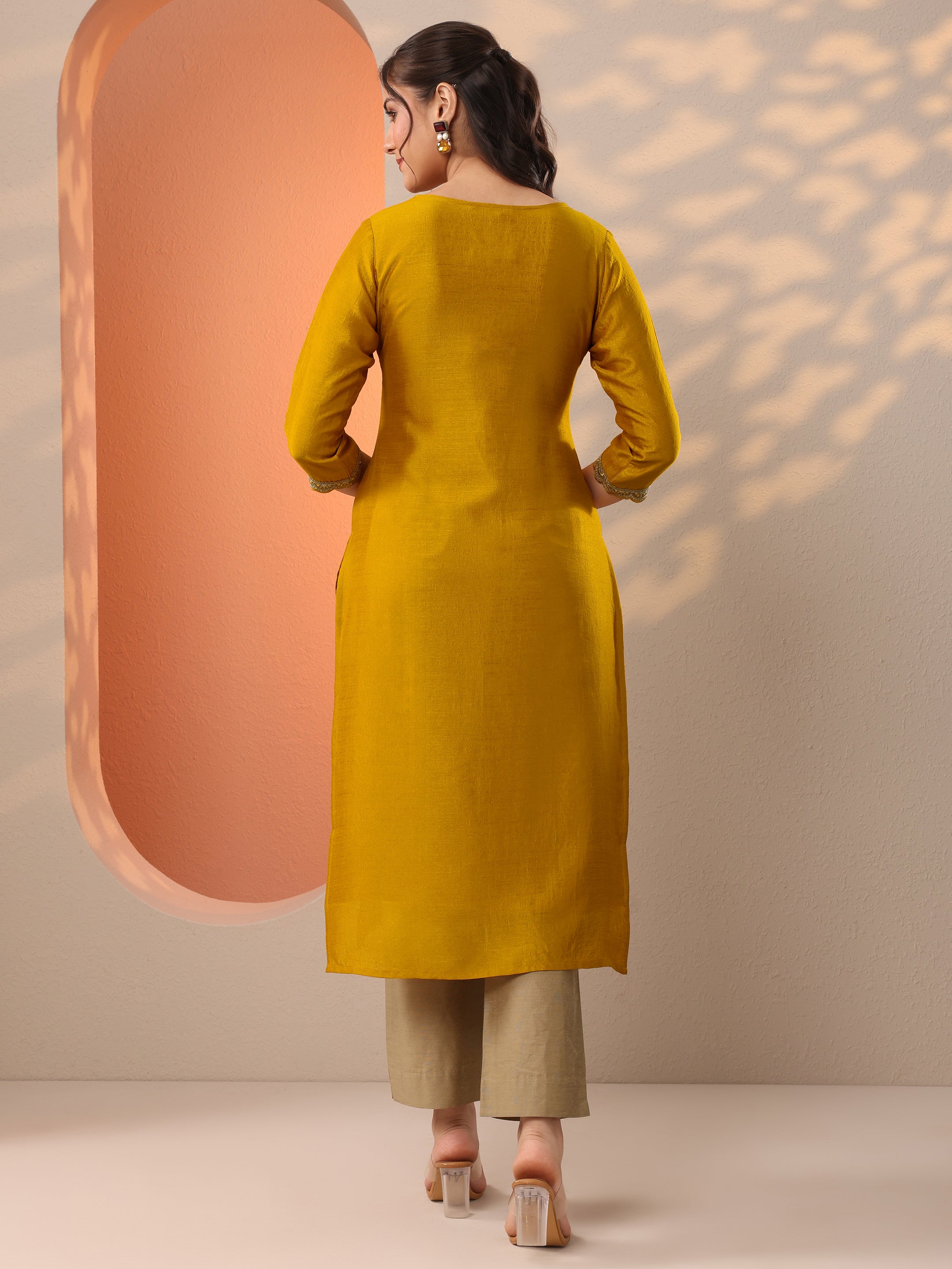 Mustard Embroidered Silk Blend Straight Kurta
