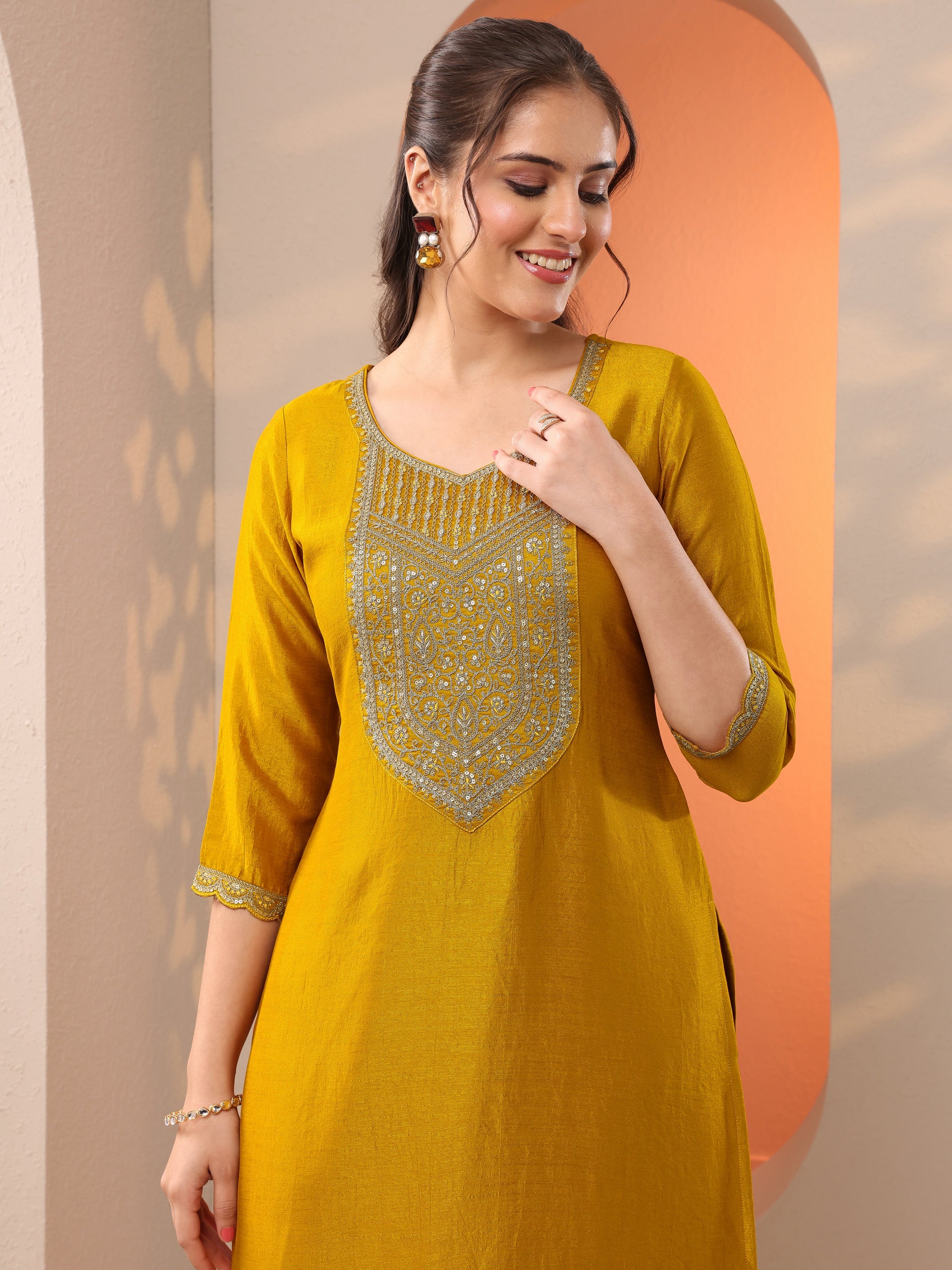 Mustard Embroidered Silk Blend Straight Kurta