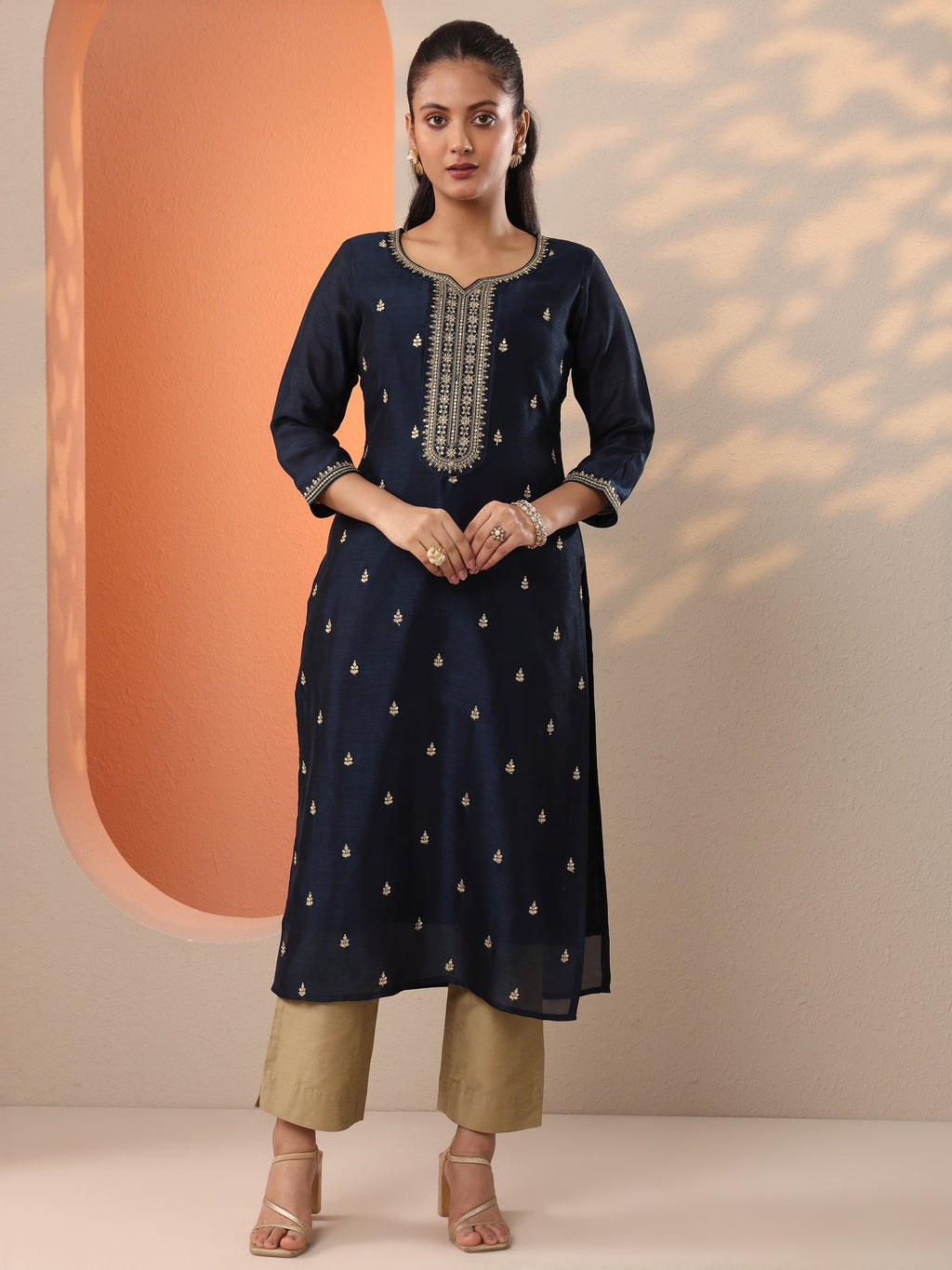 Navy Blue Embroidered Silk Blend Straight Kurta