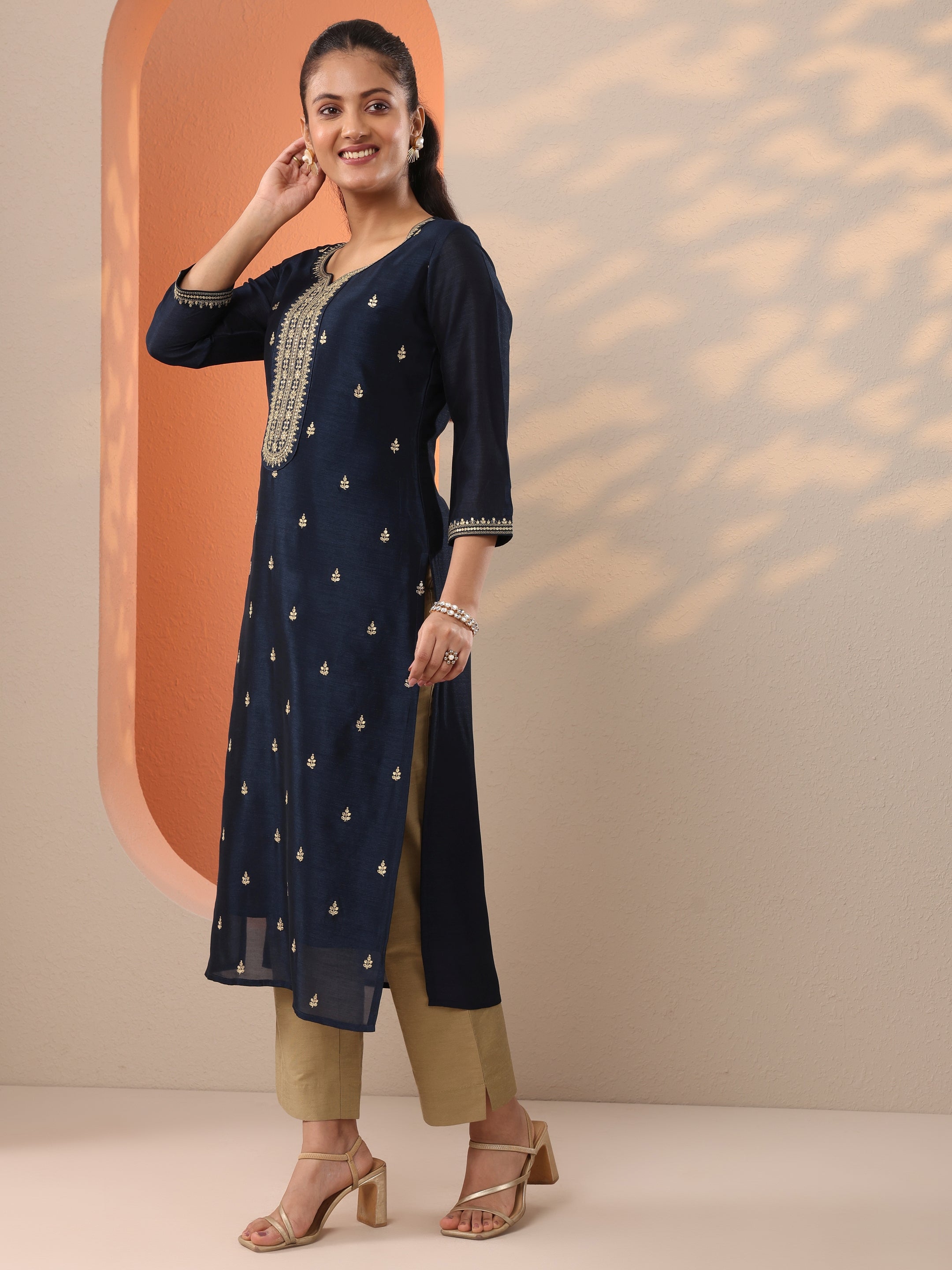 Navy Blue Embroidered Silk Blend Straight Kurta