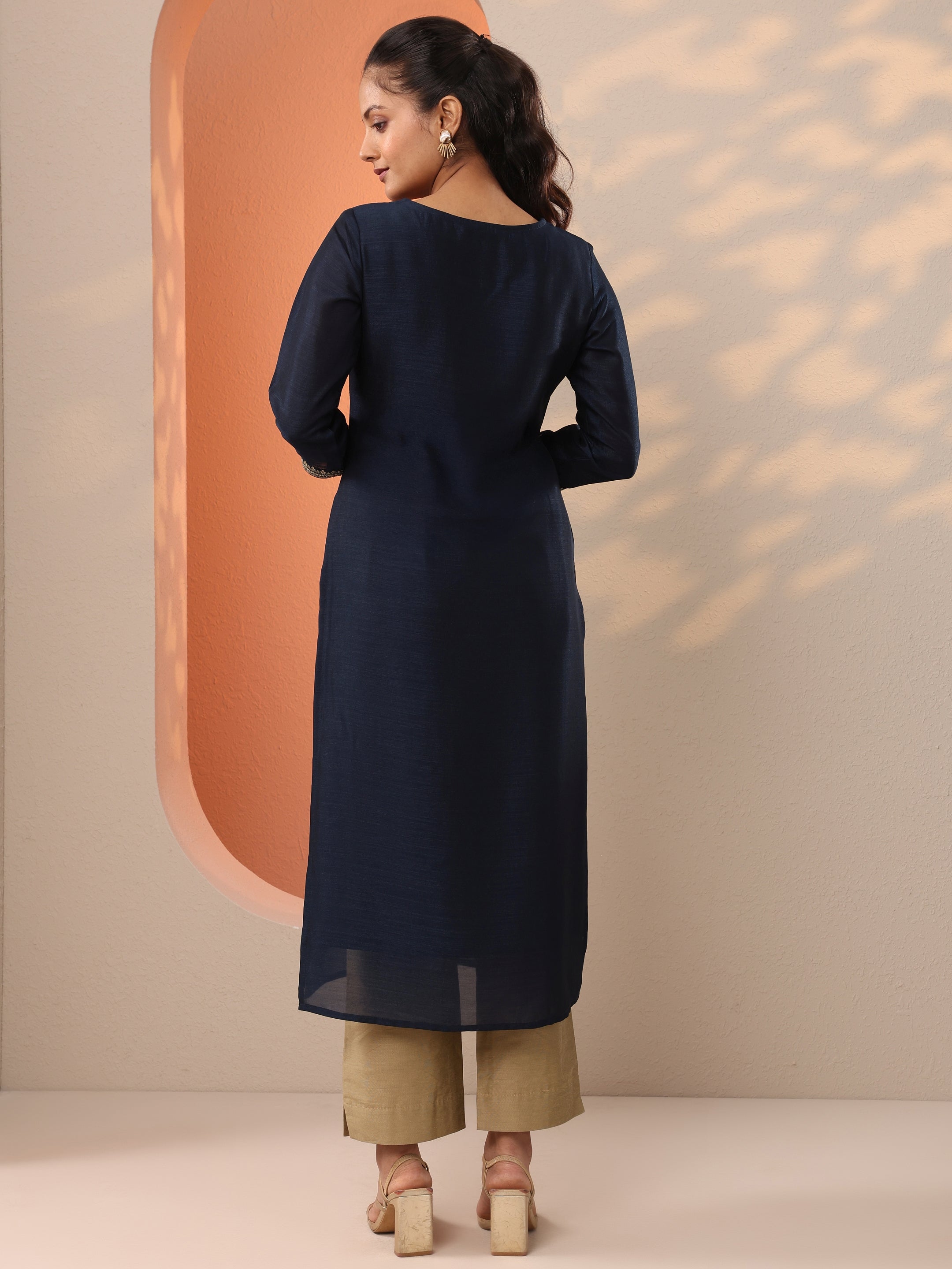 Navy Blue Embroidered Silk Blend Straight Kurta