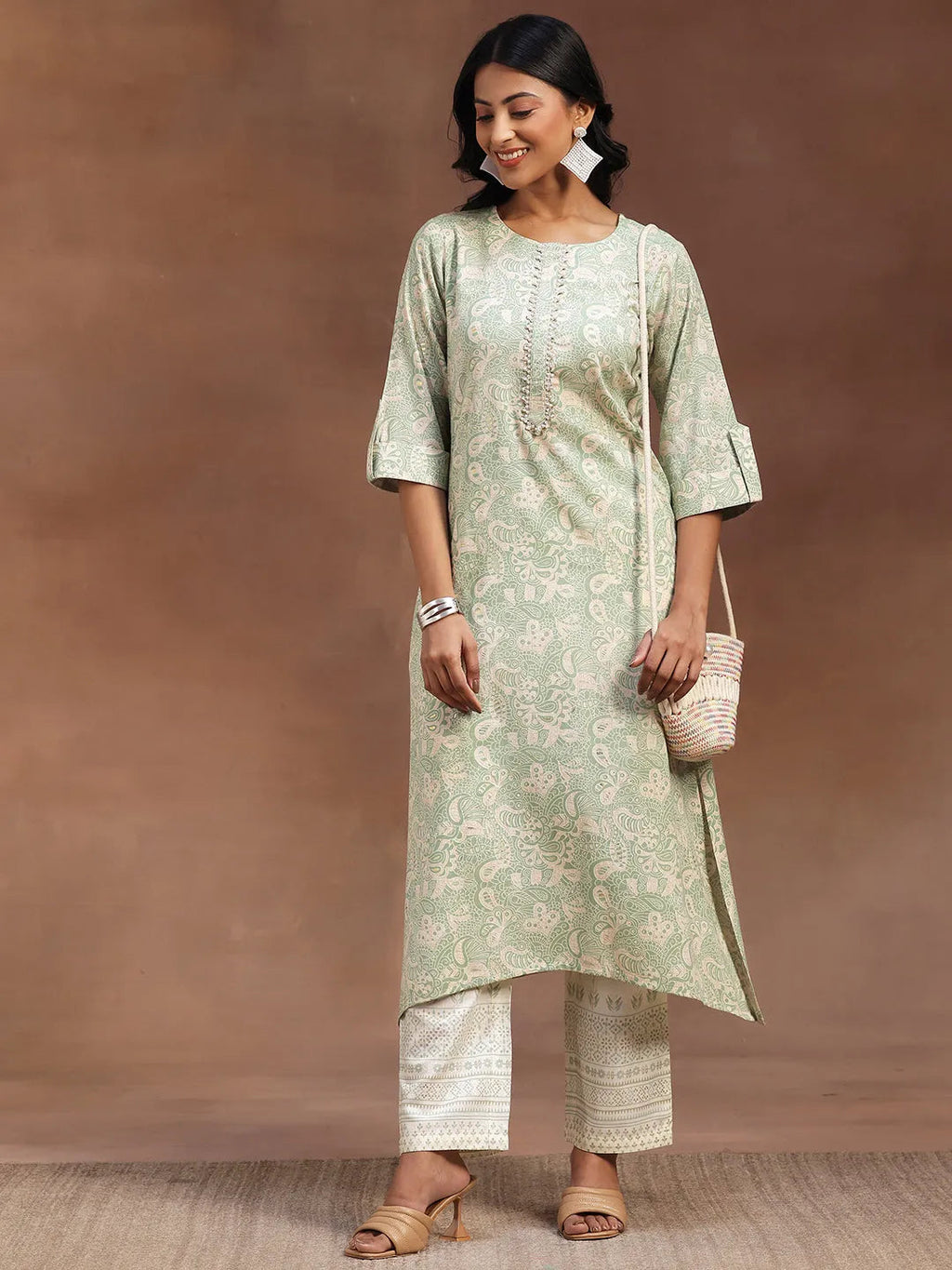 Green Printed Cotton Blend Straight Kurta With Palazzos