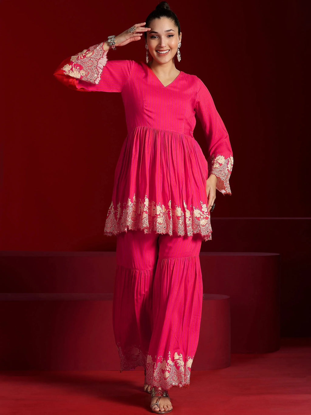 Libas Art Coral Printed Silk Blend Co-Ords