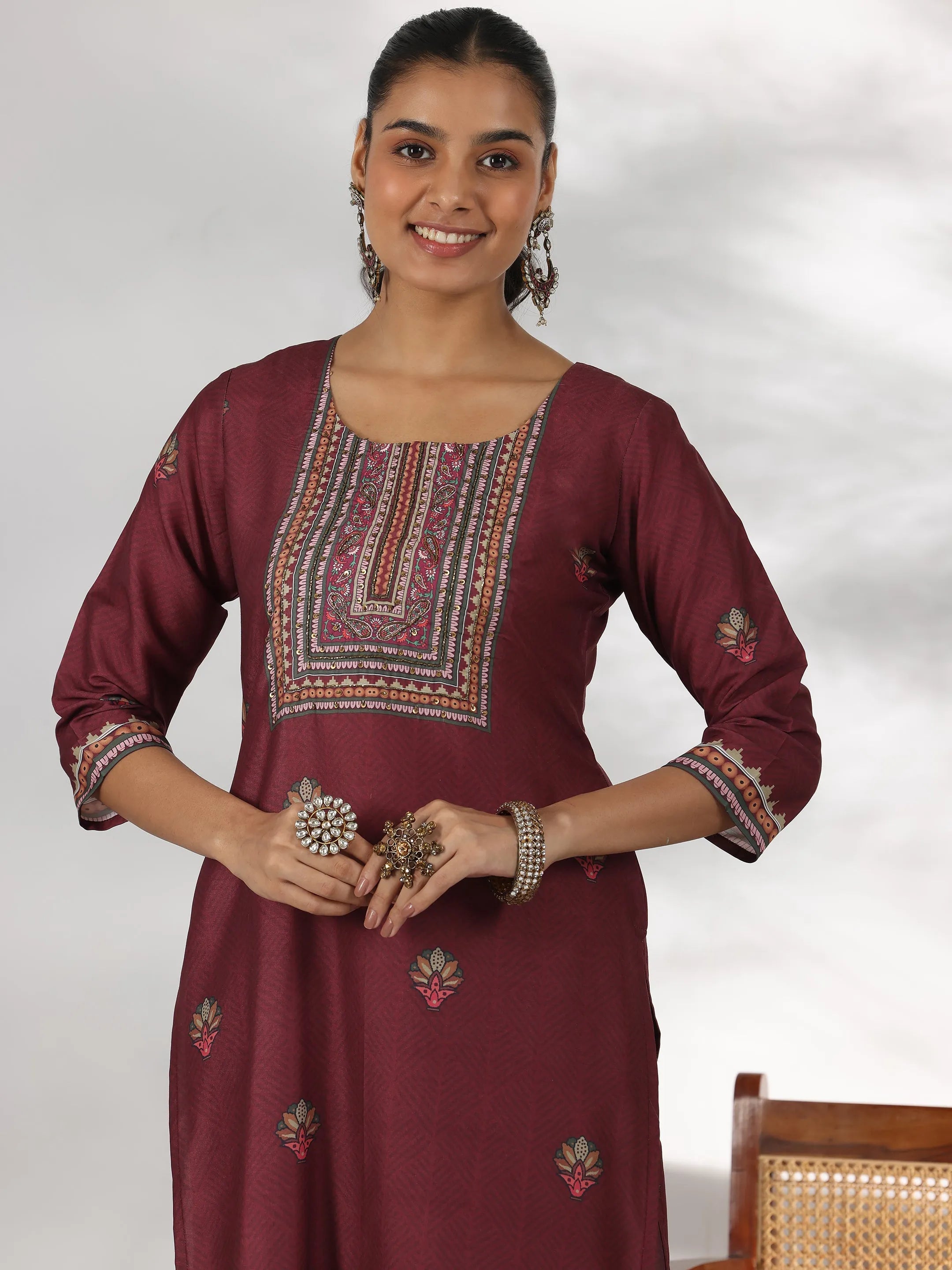 Maroon Printed Silk Blend Straight Suit With Dupatta