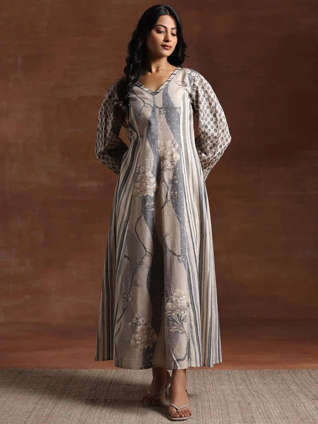 Off White Printed Cotton Blend A-Line Dress