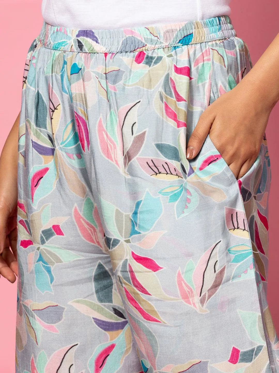 Grey Printed Silk Blend Co-Ords