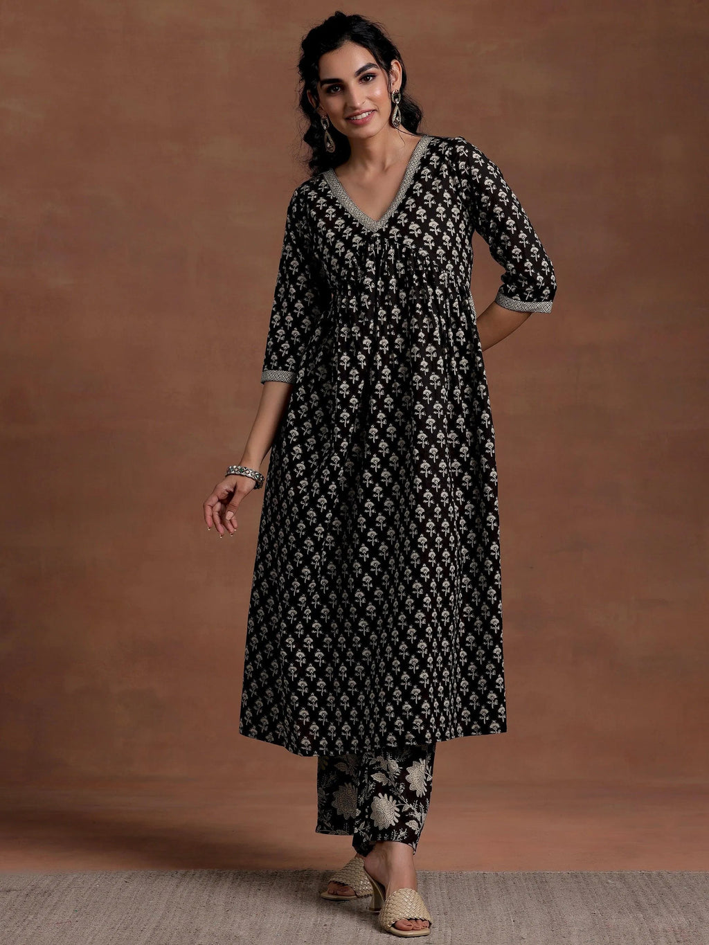 Black Printed Cotton A-Line Kurta With Palazzos