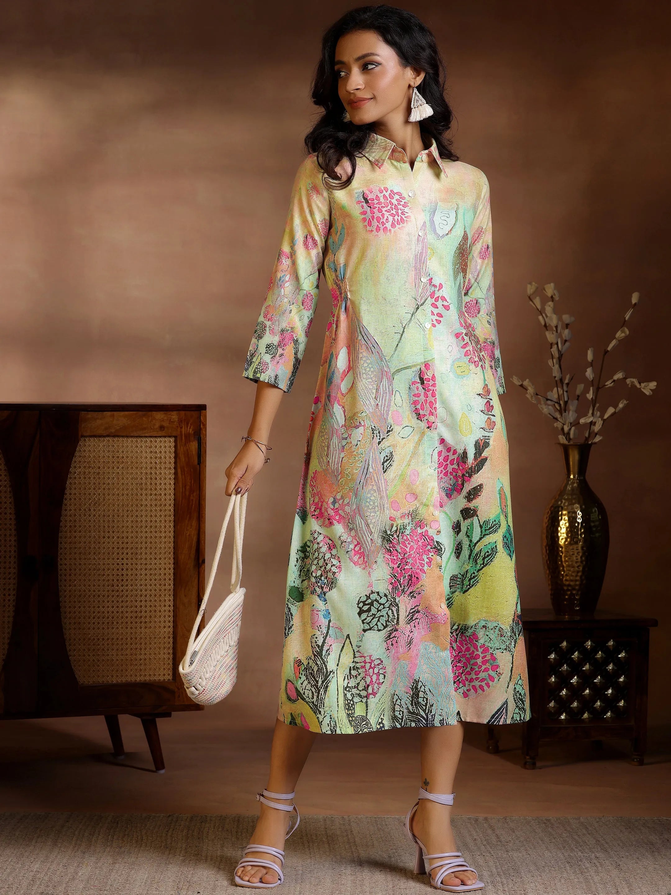 Multi Printed Cotton Blend Shirt Dress