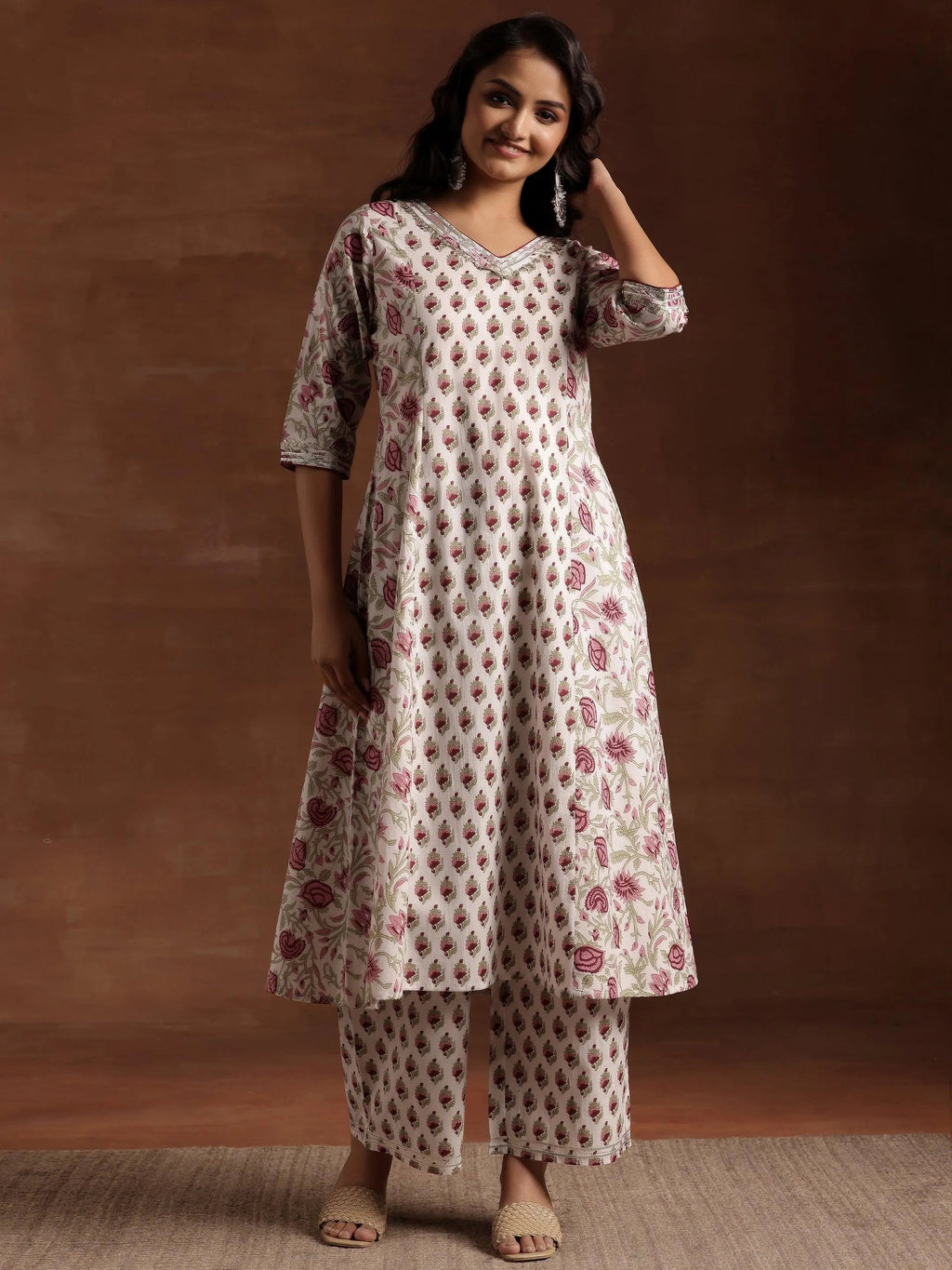 Off white Printed Cotton A-Line Kurta With Palazzos