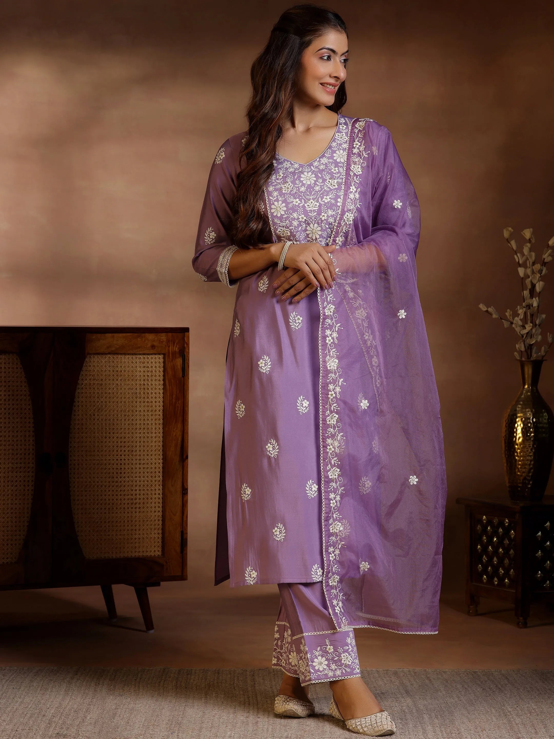 Mauve Embroidered Silk Blend Straight Suit With Dupatta
