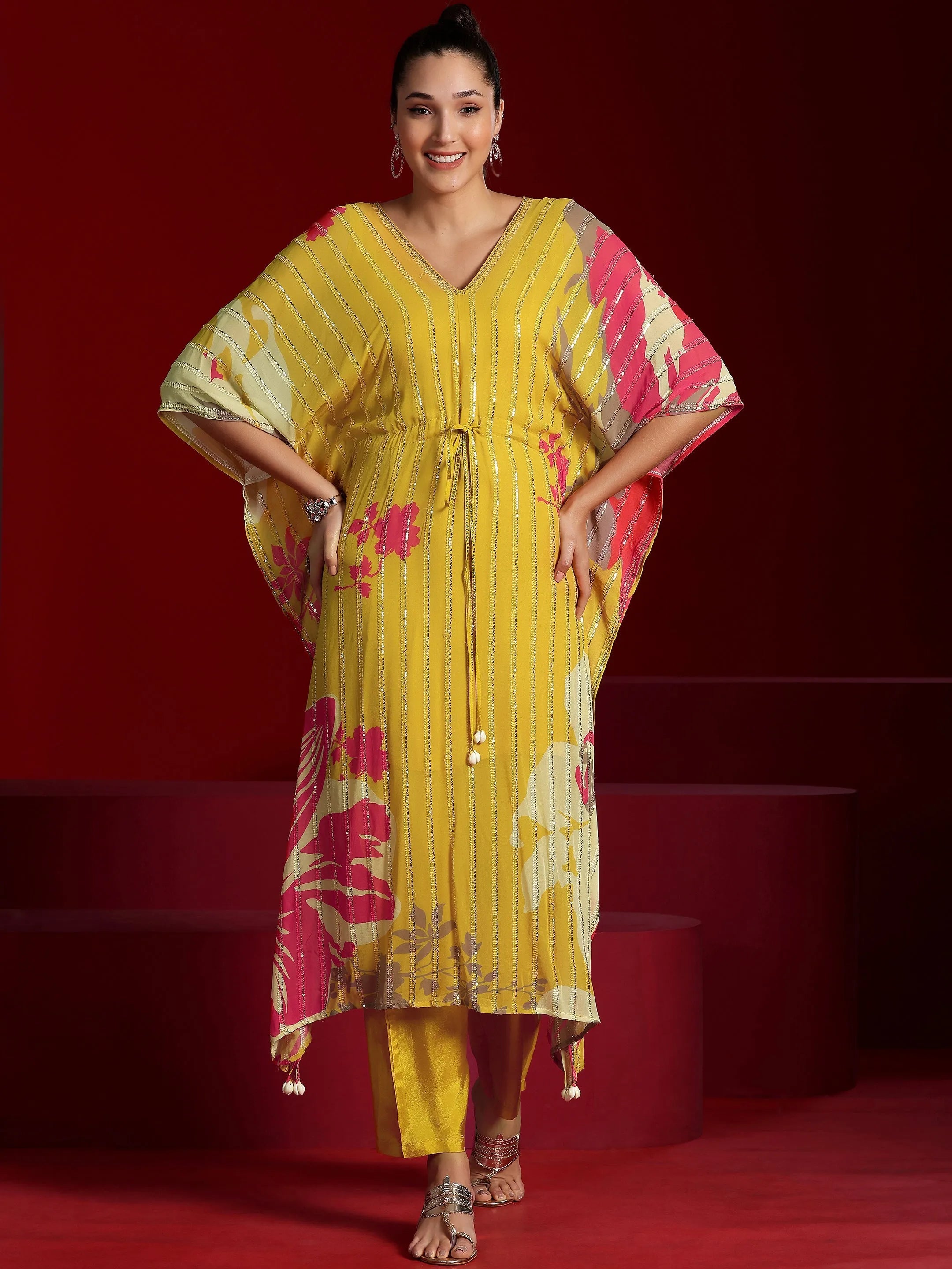 Libas Art Yellow Printed Poly Georgette 3 Piece Co-Ords