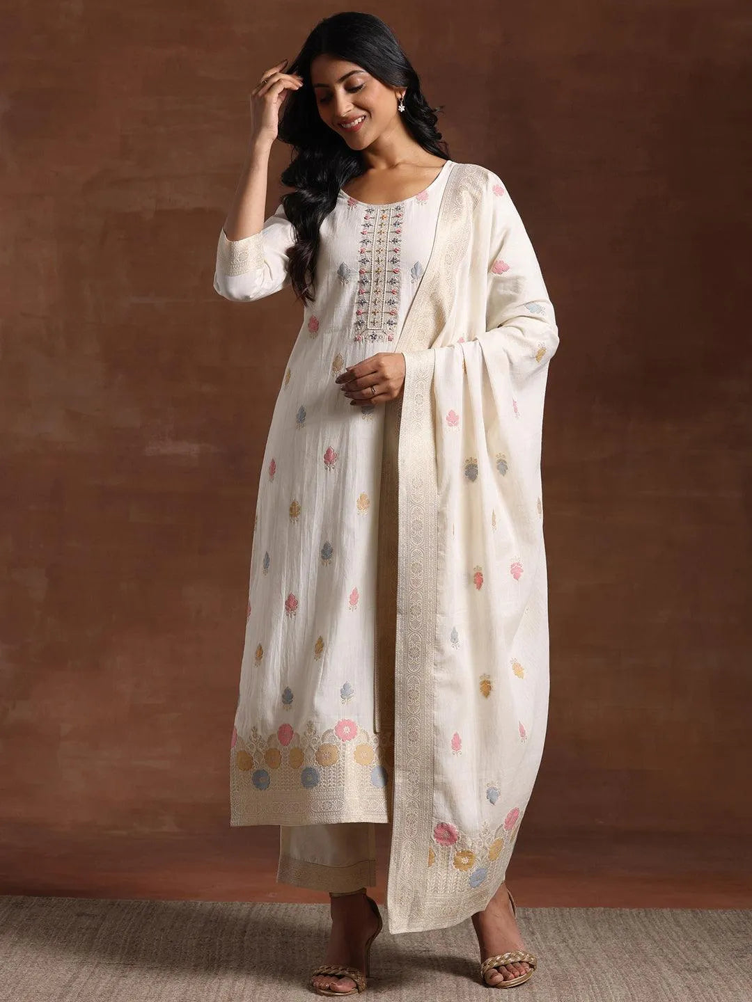 Off White Woven Design Cotton Straight Suit With Dupatta