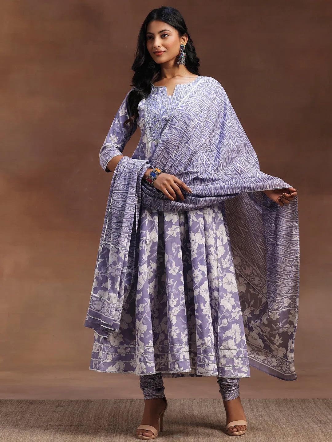 Lavender Printed Cotton Anarkali Suit With Dupatta