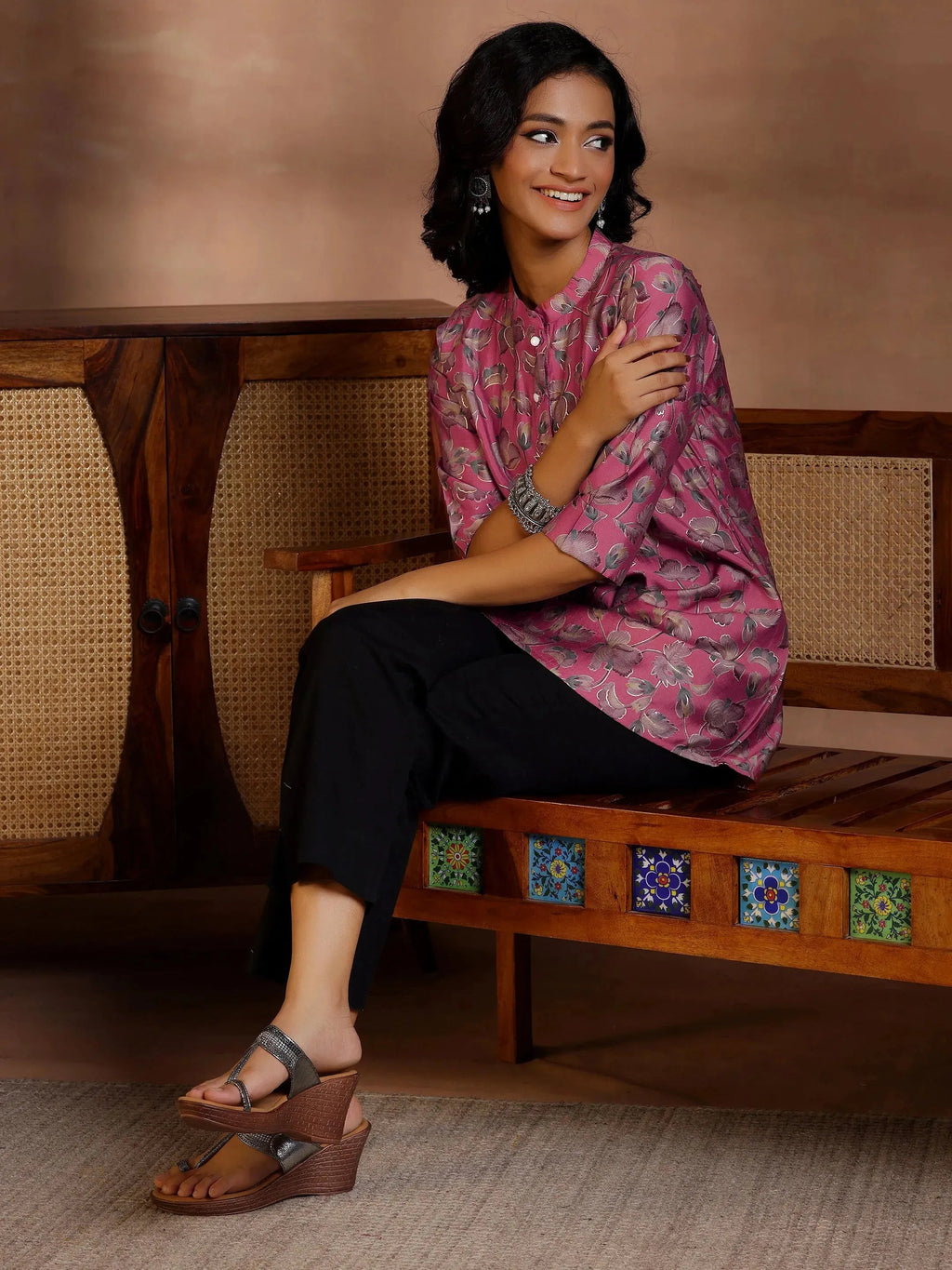 Mauve Printed Silk Blend Straight Kurti