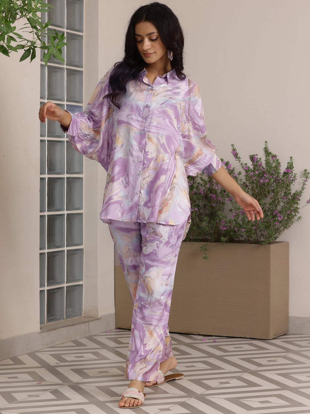 Lavender Printed Silk Blend Co-Ords