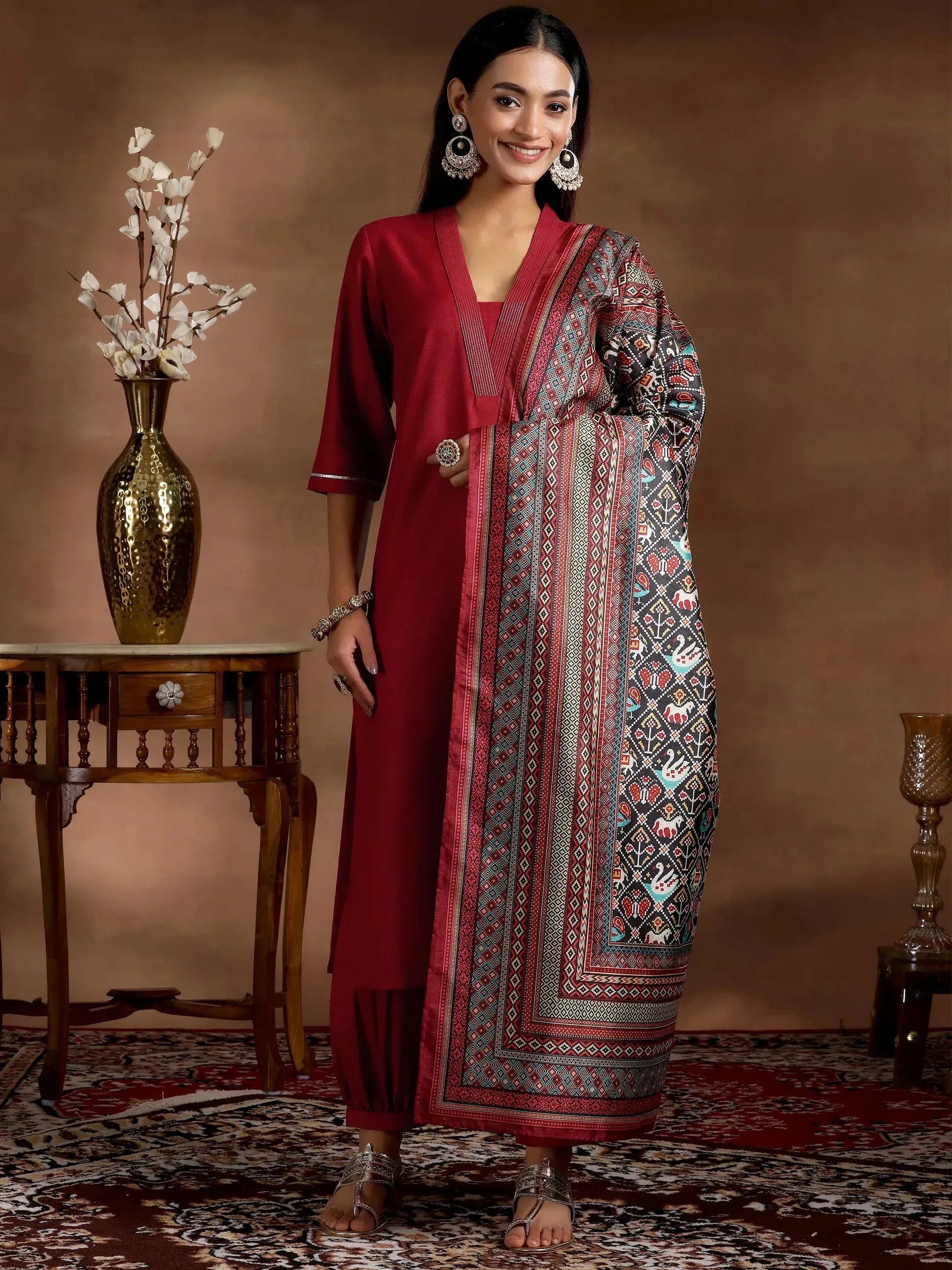 Maroon Solid Cotton Blend Straight Suit With Dupatta
