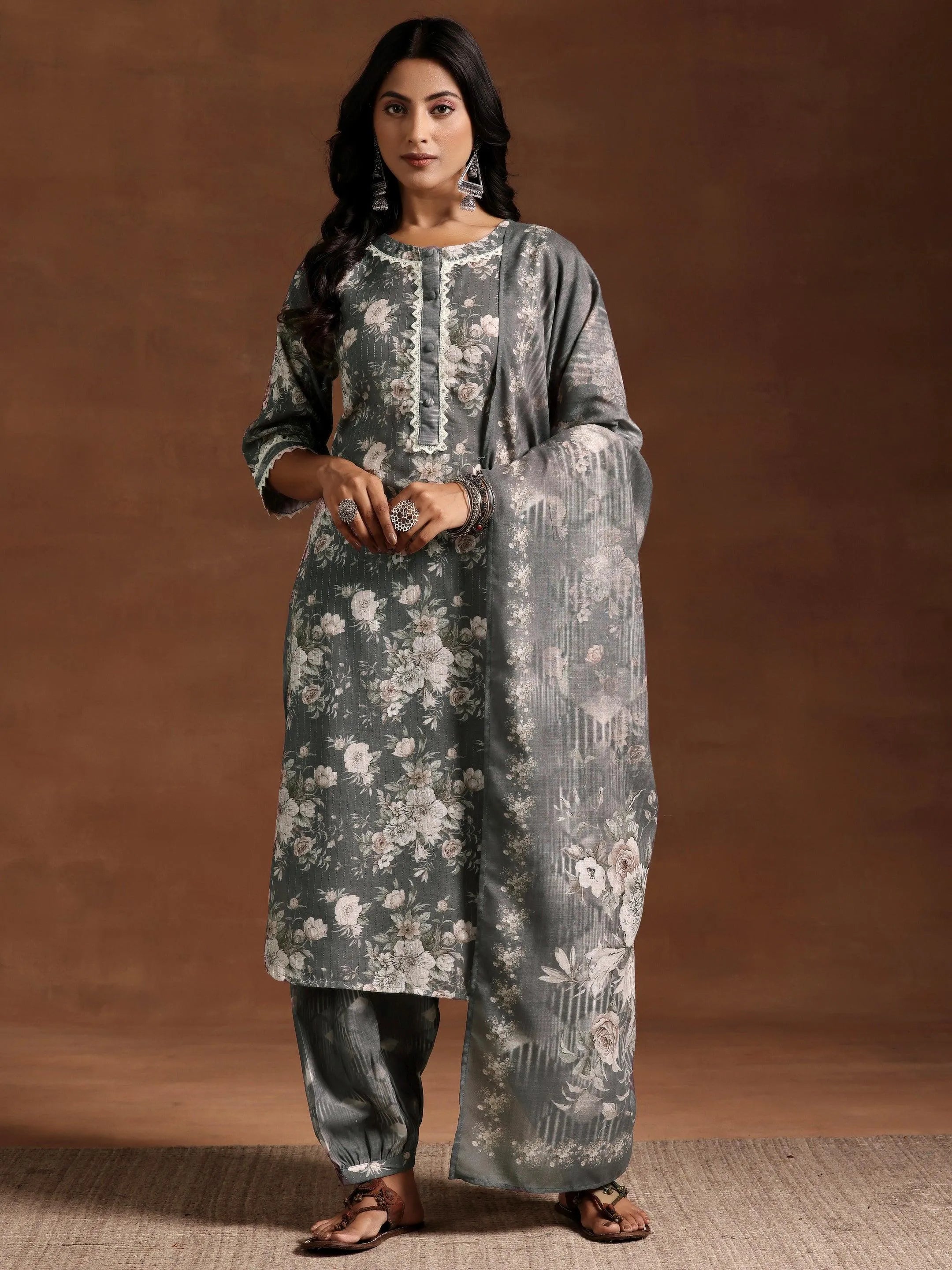 Grey Printed Cotton Straight Suit With Dupatta