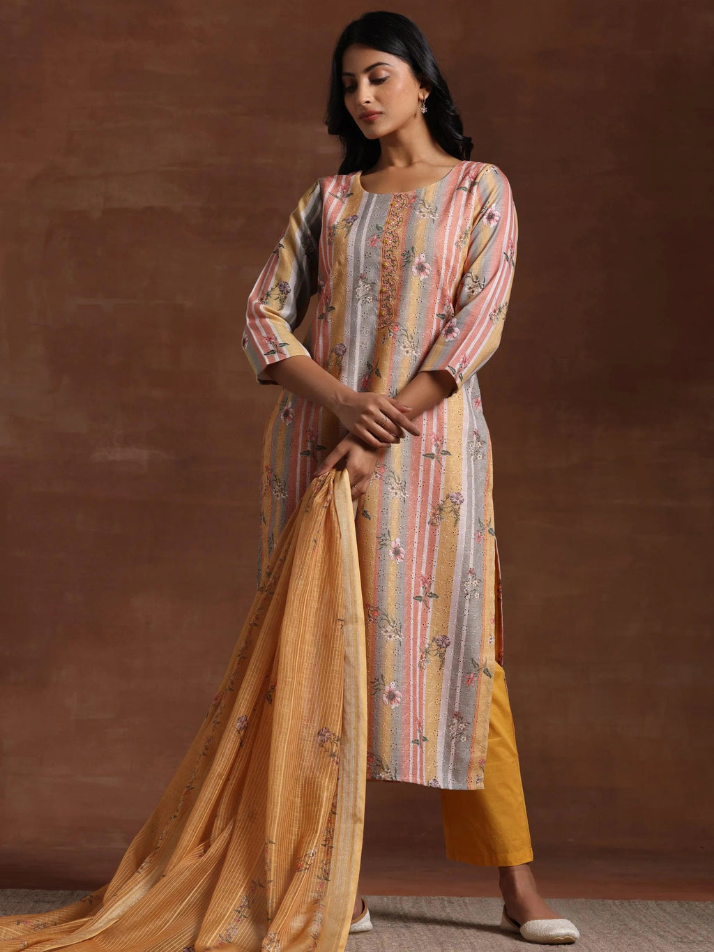 Mustard Striped Cotton Straight Suit With Dupatta