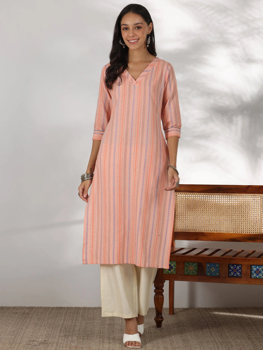 Peach Woven Design Cotton Straight Kurta