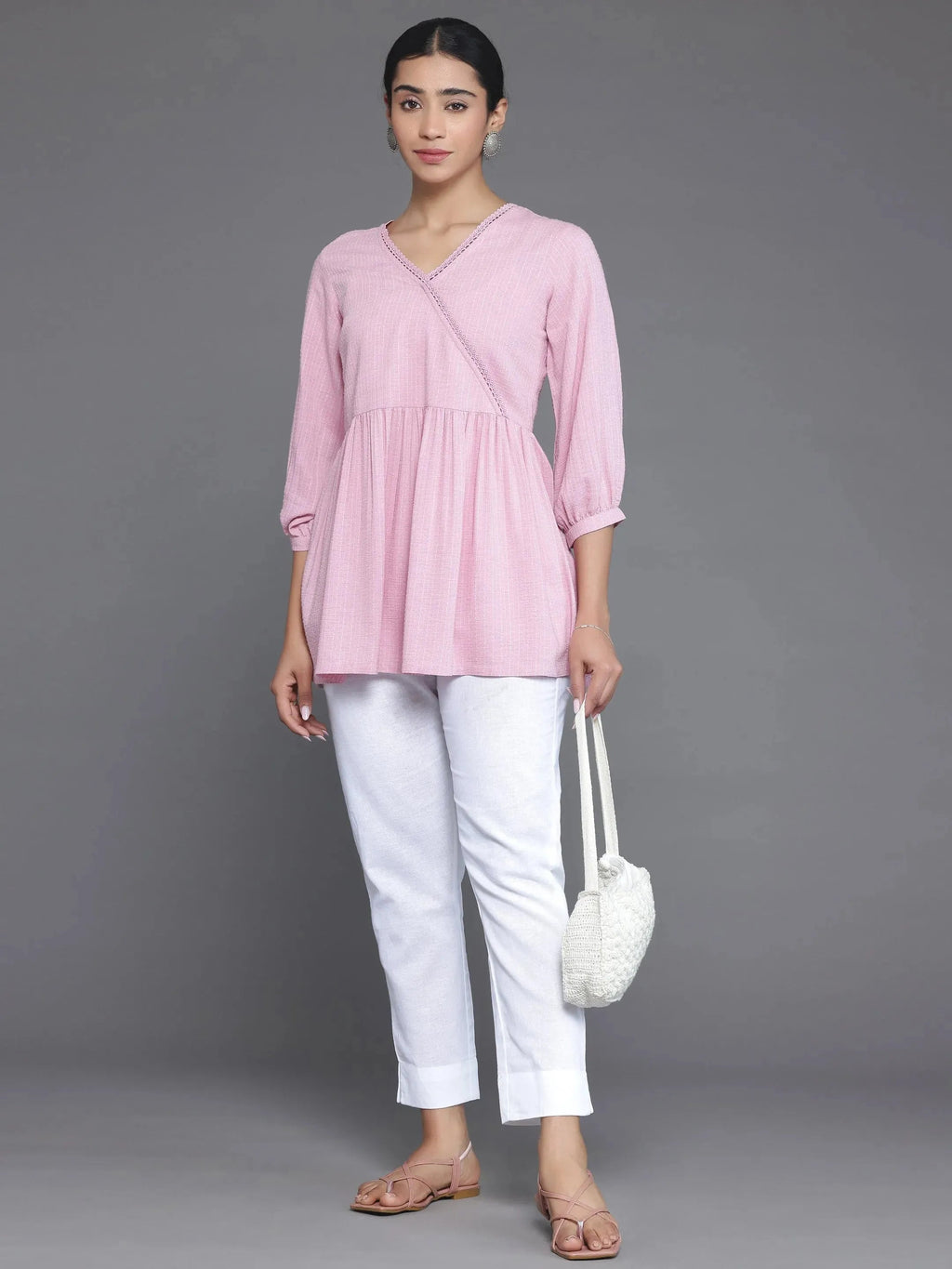 Pink Woven Design Cotton Blend A-Line Kurti