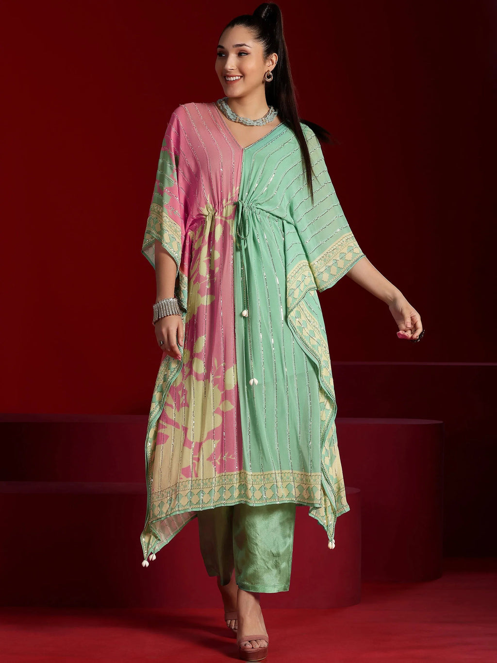 Libas Art Sea Green Printed Poly Georgette 3 Piece Co-Ords