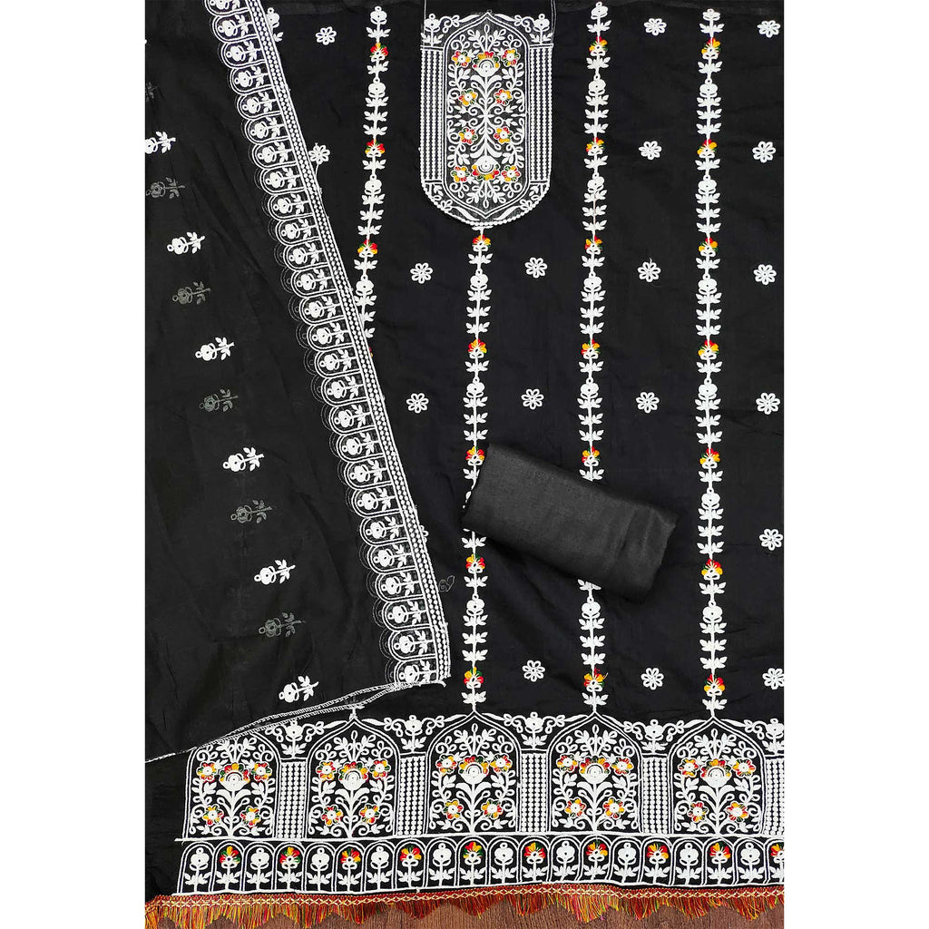 Black Floral Embroidered Chanderi Cotton Dress Material
