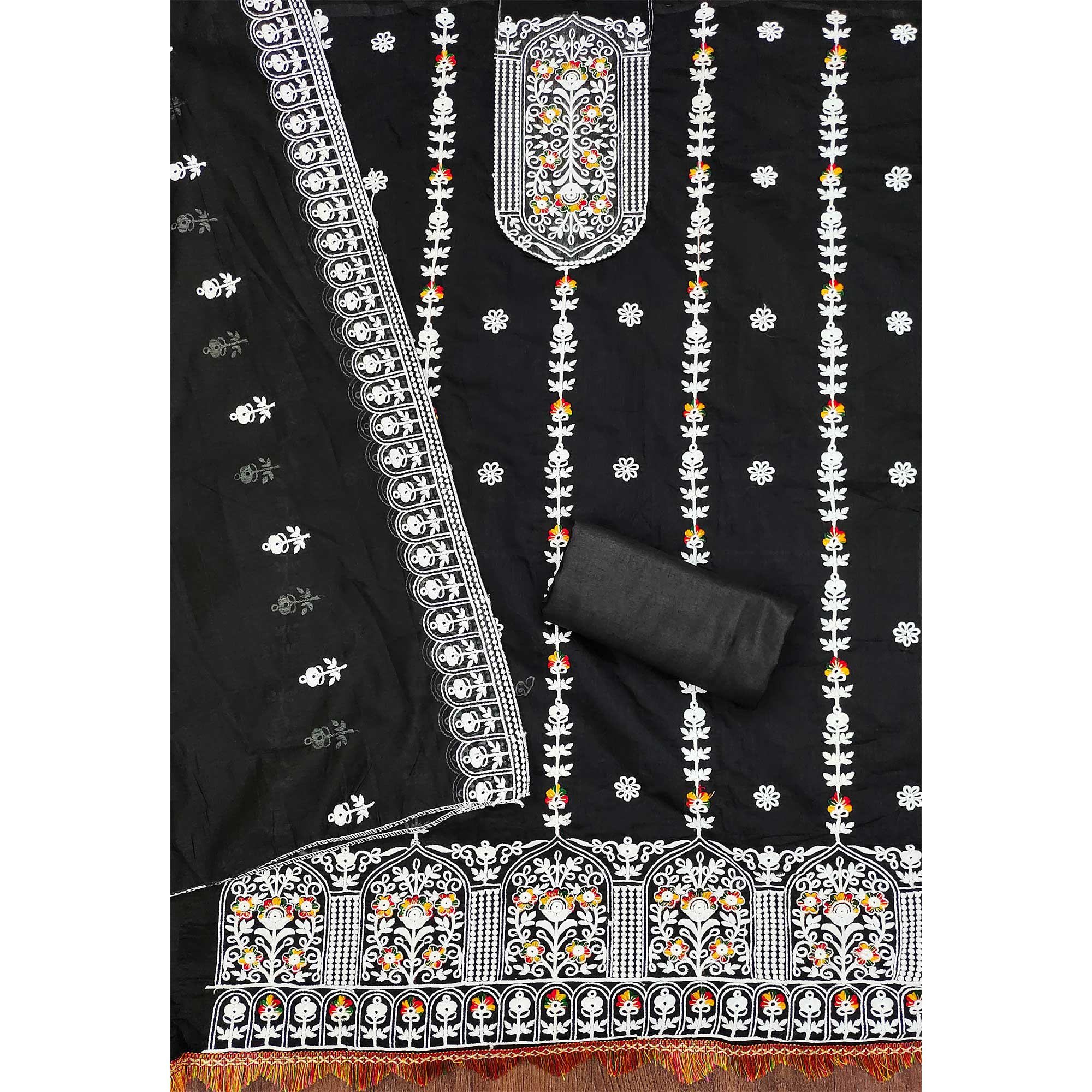 Black Floral Embroidered Chanderi Cotton Dress Material