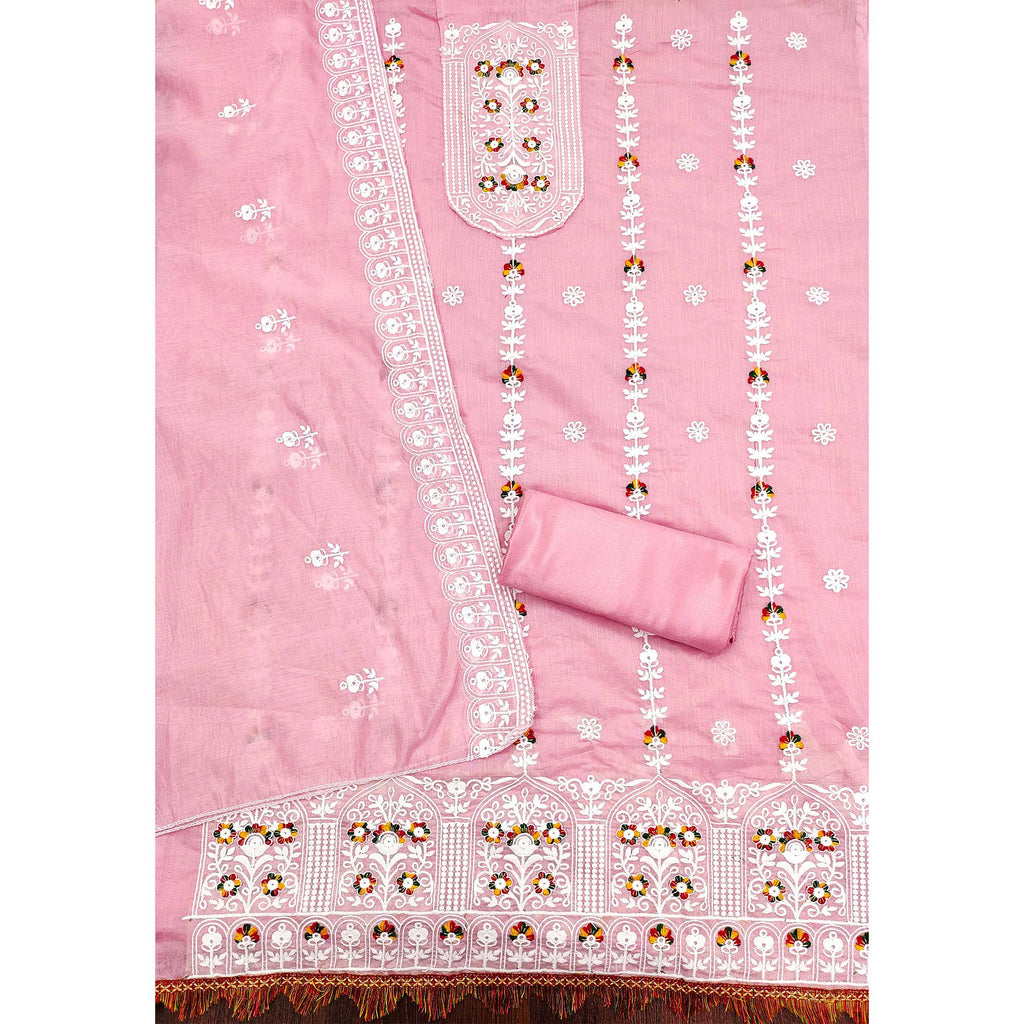 Baby Pink Floral Embroidered Chanderi Cotton Dress Material