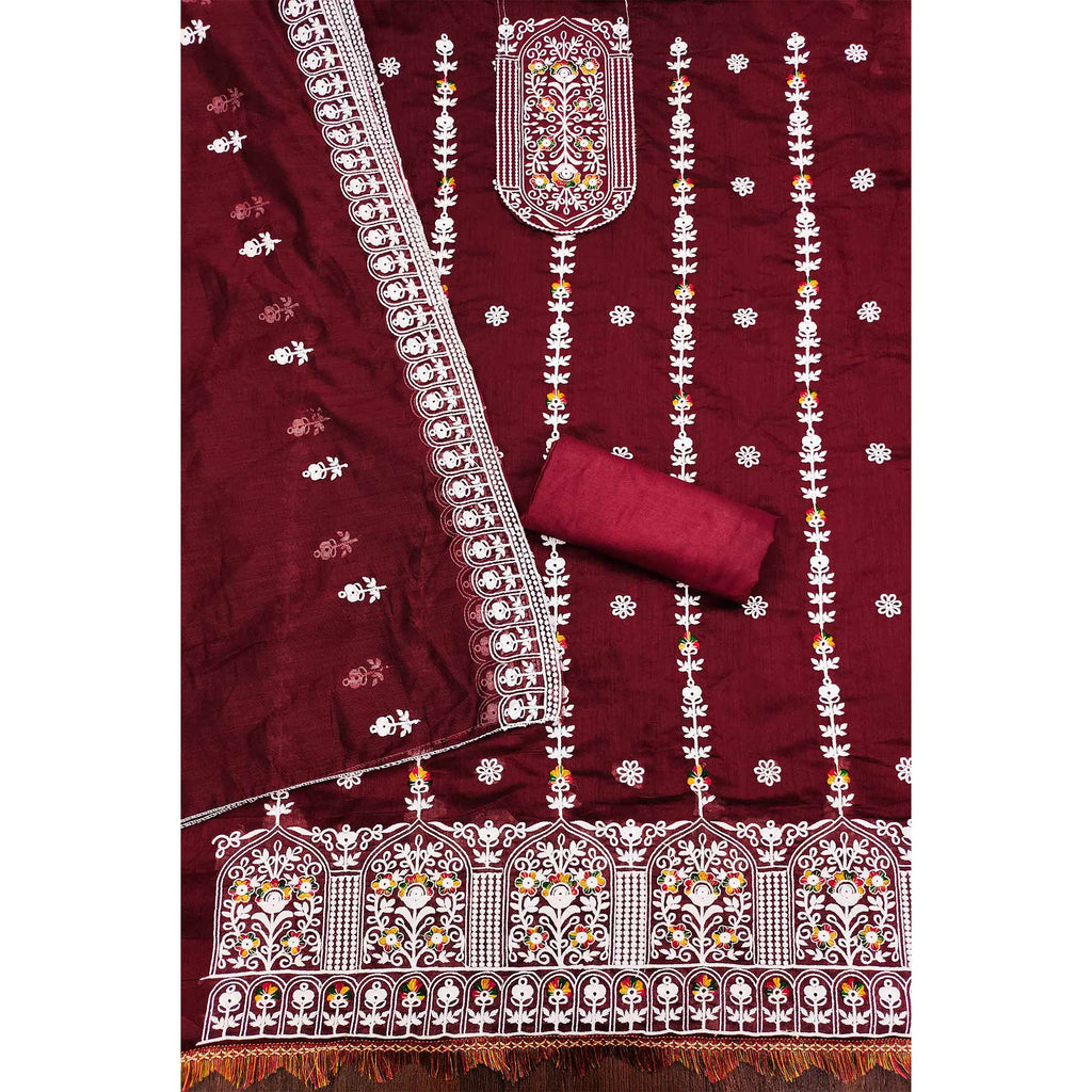 Maroon Floral Embroidered Chanderi Cotton Dress Material