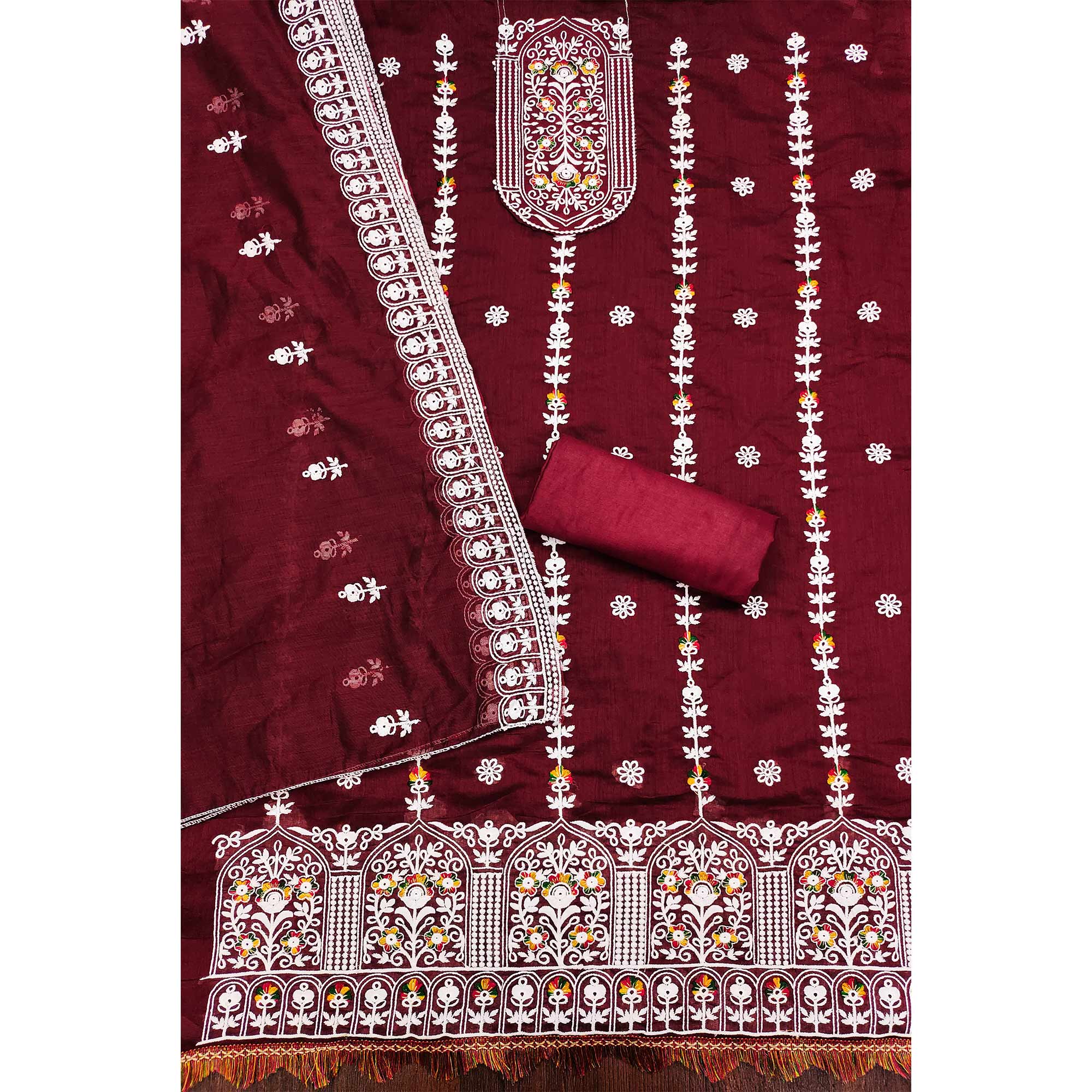 Maroon Floral Embroidered Chanderi Cotton Dress Material