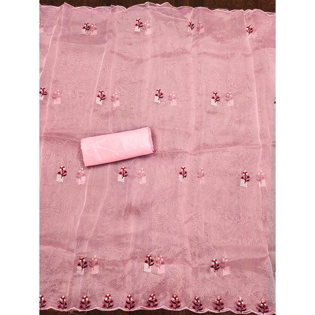 Baby Pink Floral Sequins Embroidered Organza Dress Material