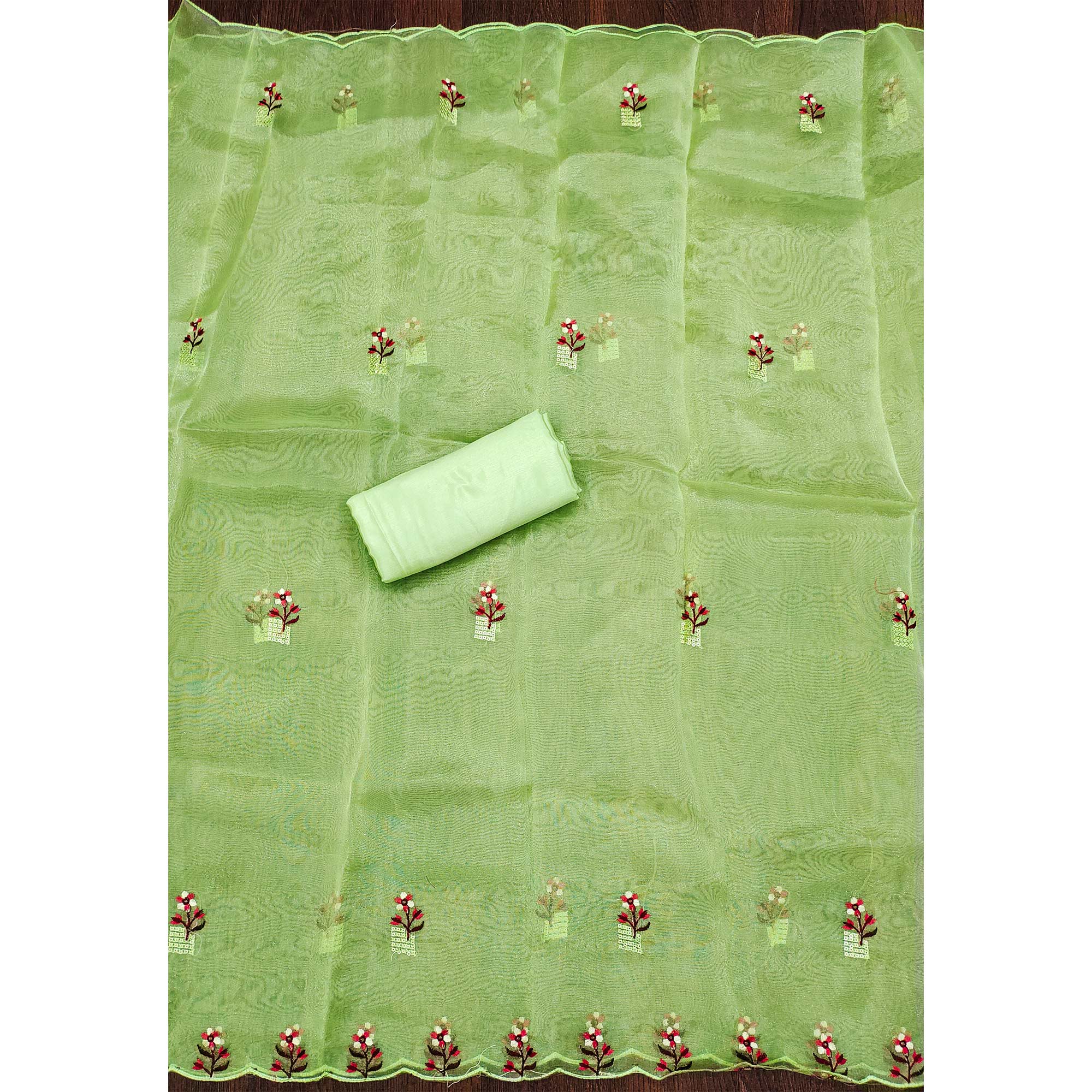 Pista Green Floral Sequins Embroidered Organza Dress Material