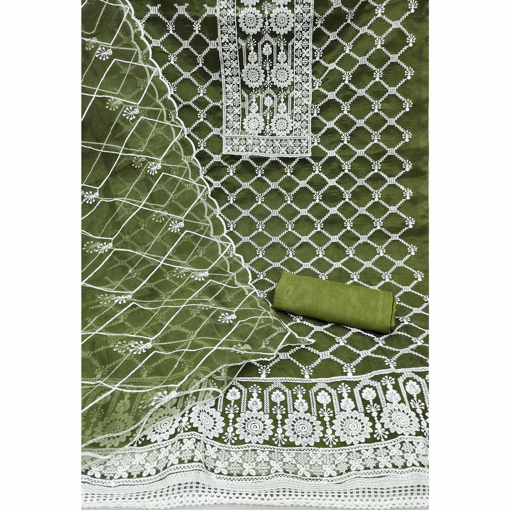 Green Sheer Organza Suit Material with Floral Embroidery Detailing