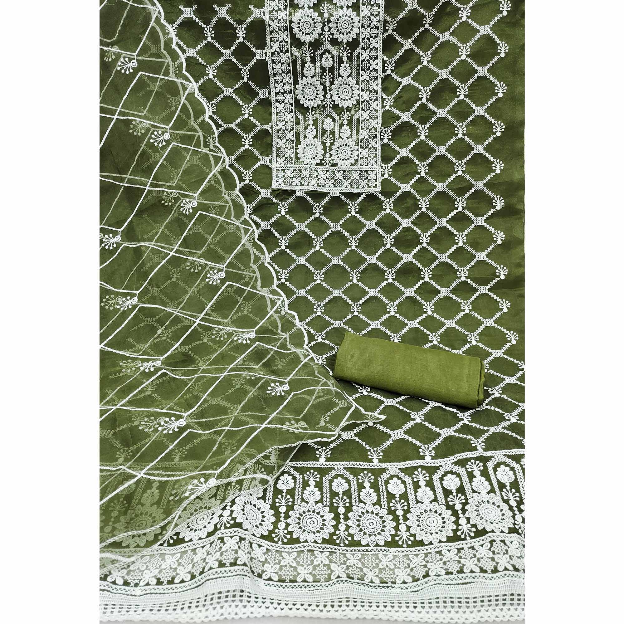 Green Sheer Organza Suit Material with Floral Embroidery Detailing