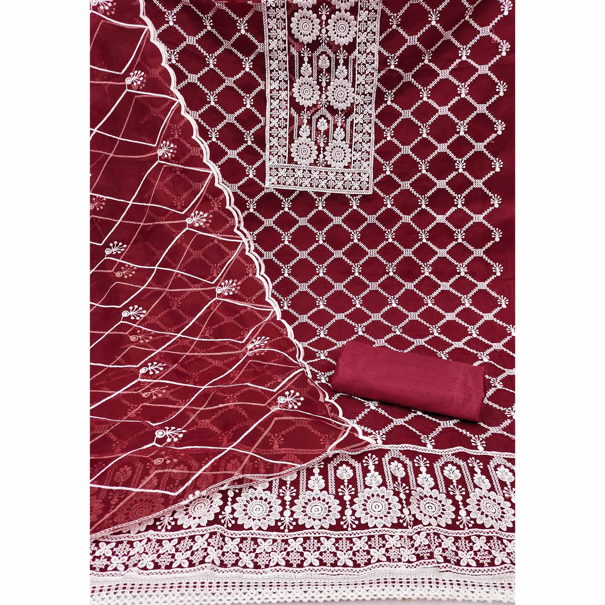 Maroon Sheer Organza Suit Material with Floral Embroidery Detailing