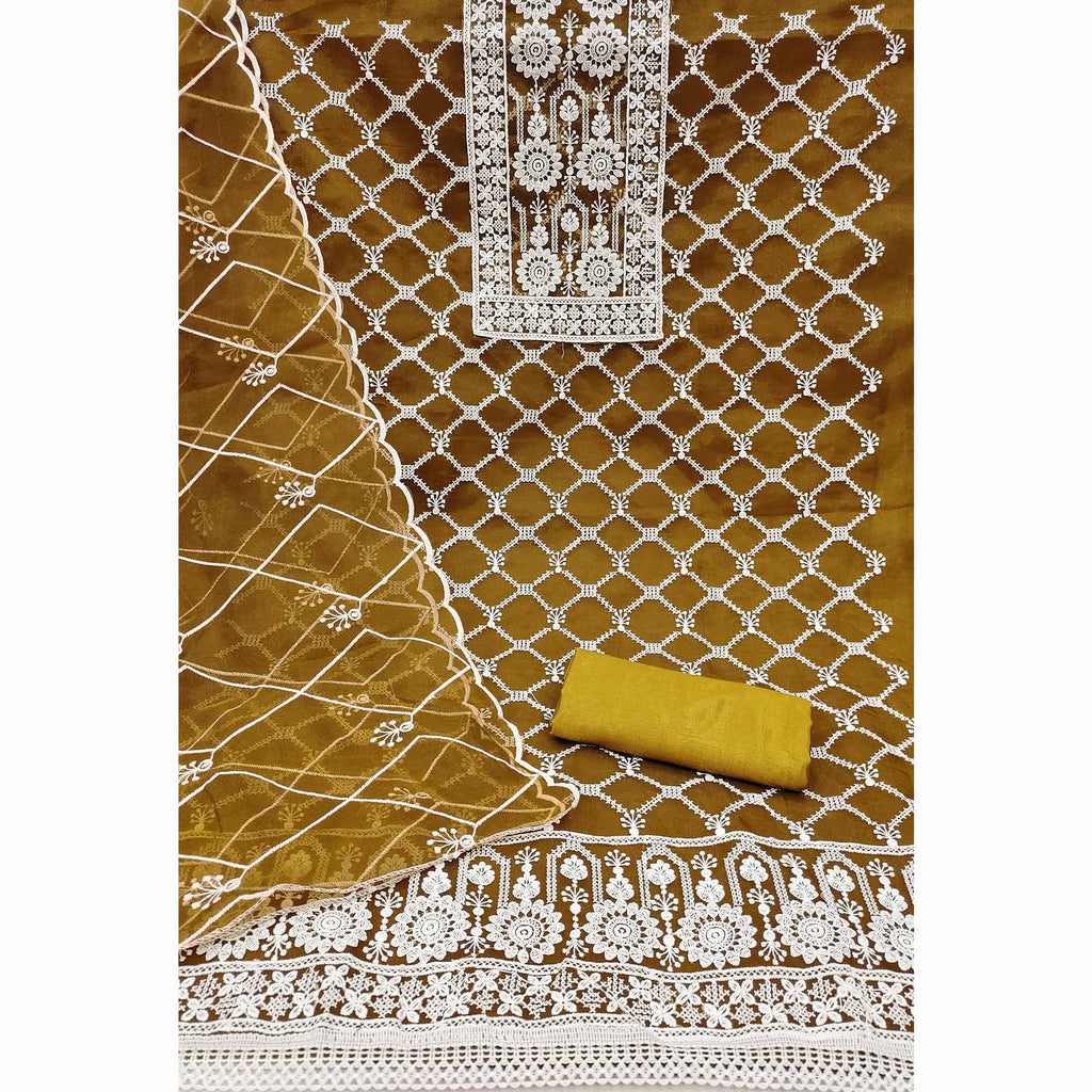 Mustard Sheer Organza Suit Material with Floral Embroidery Detailing