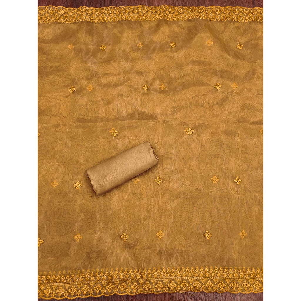 Dark Mustard Organza Dress Material With Sequins & Floral Thread Embroidery