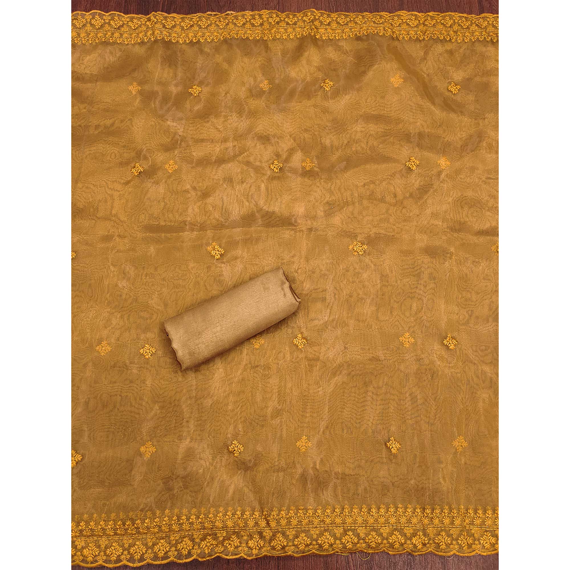 Dark Mustard Organza Dress Material With Sequins & Floral Thread Embroidery