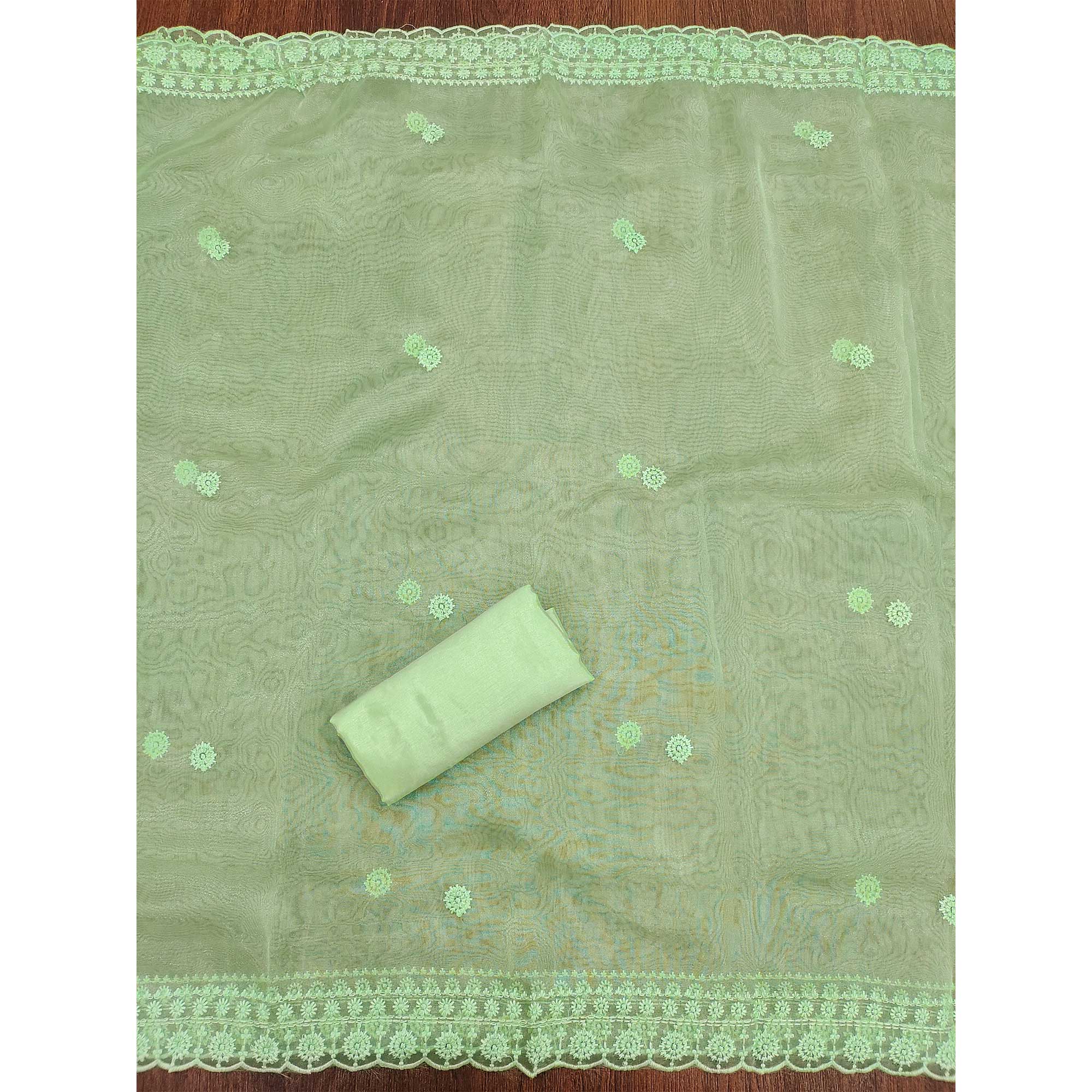 Pista Green Organza Dress Material With Sequins & Floral Thread Embroidery