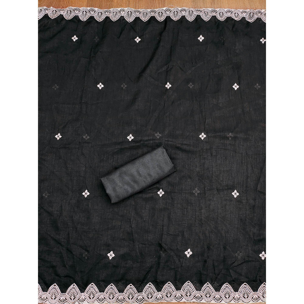 Black Vichitra Silk Dress Material With Intricate Floral Zari Embroidery