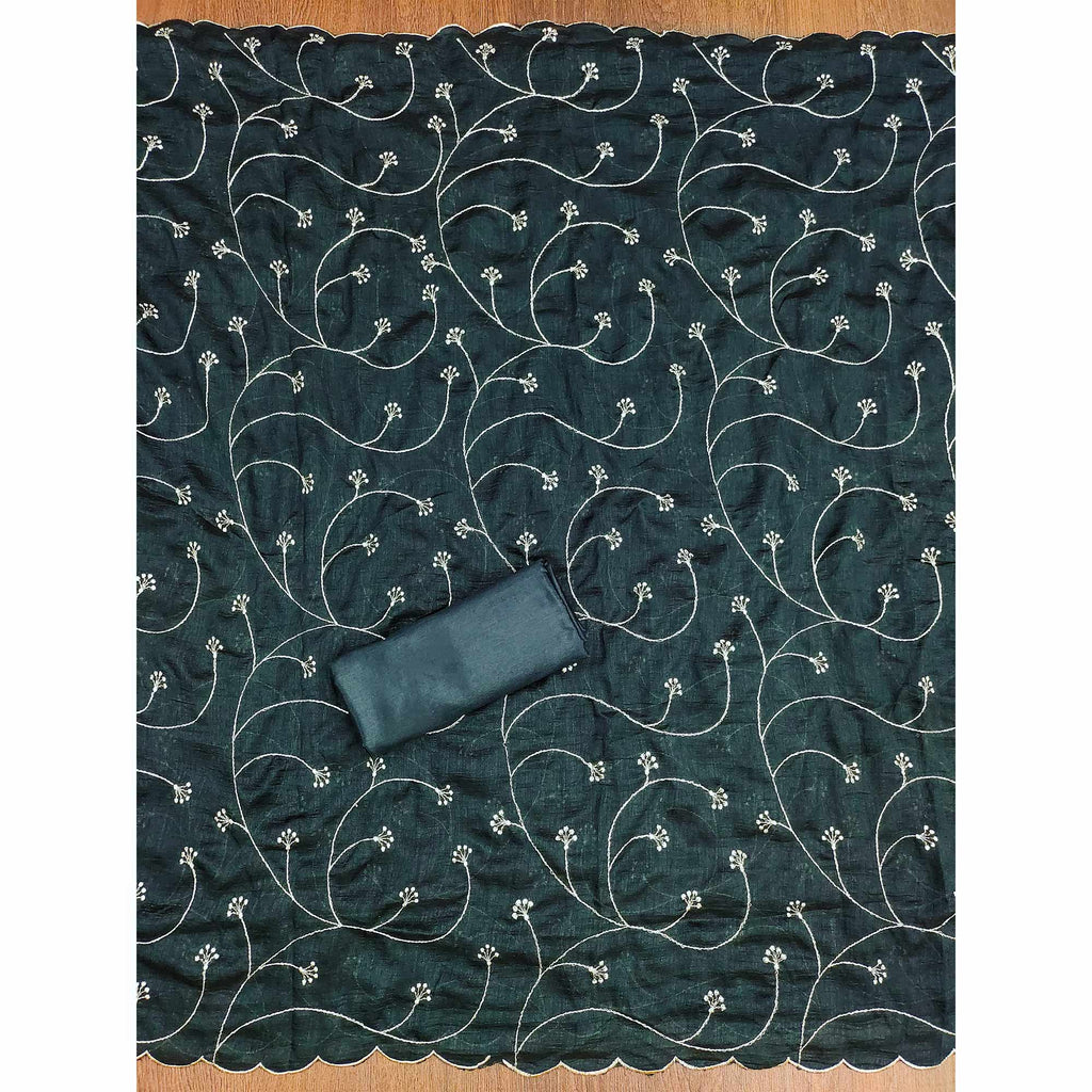 Dark Grey Vichitra Silk Dress Material with Graceful Floral Zari Embroidery