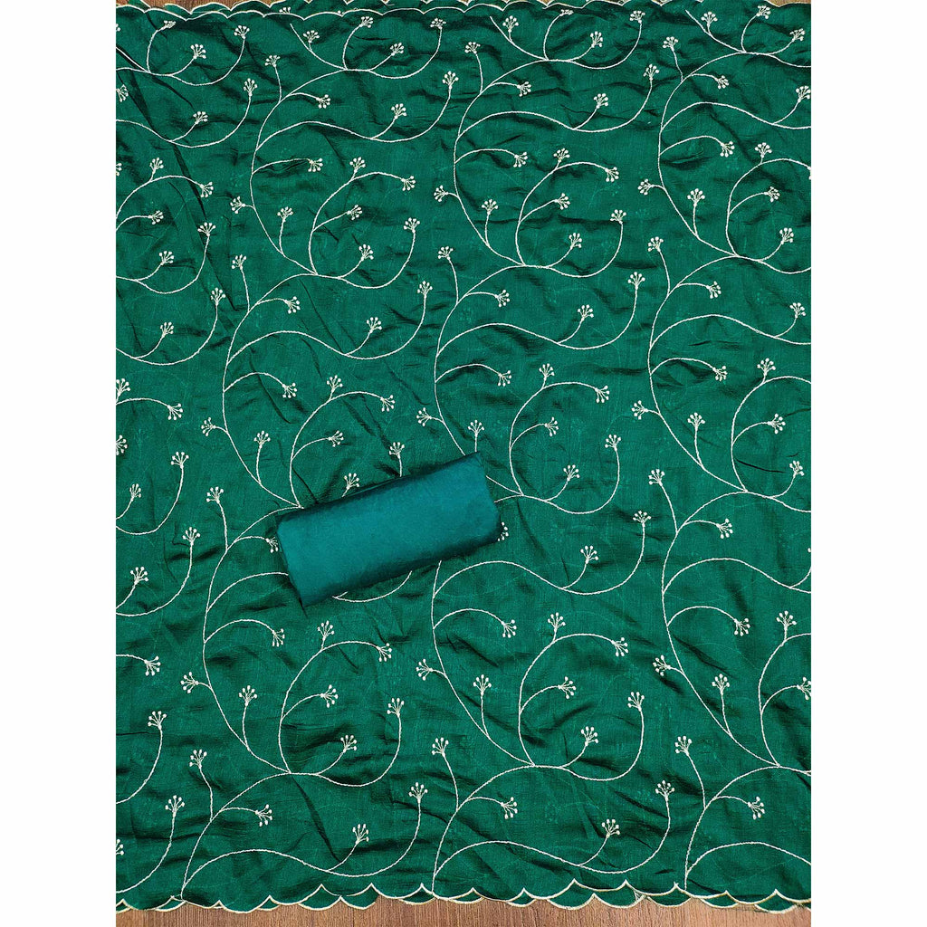 Green Vichitra Silk Dress Material with Graceful Floral Zari Embroidery