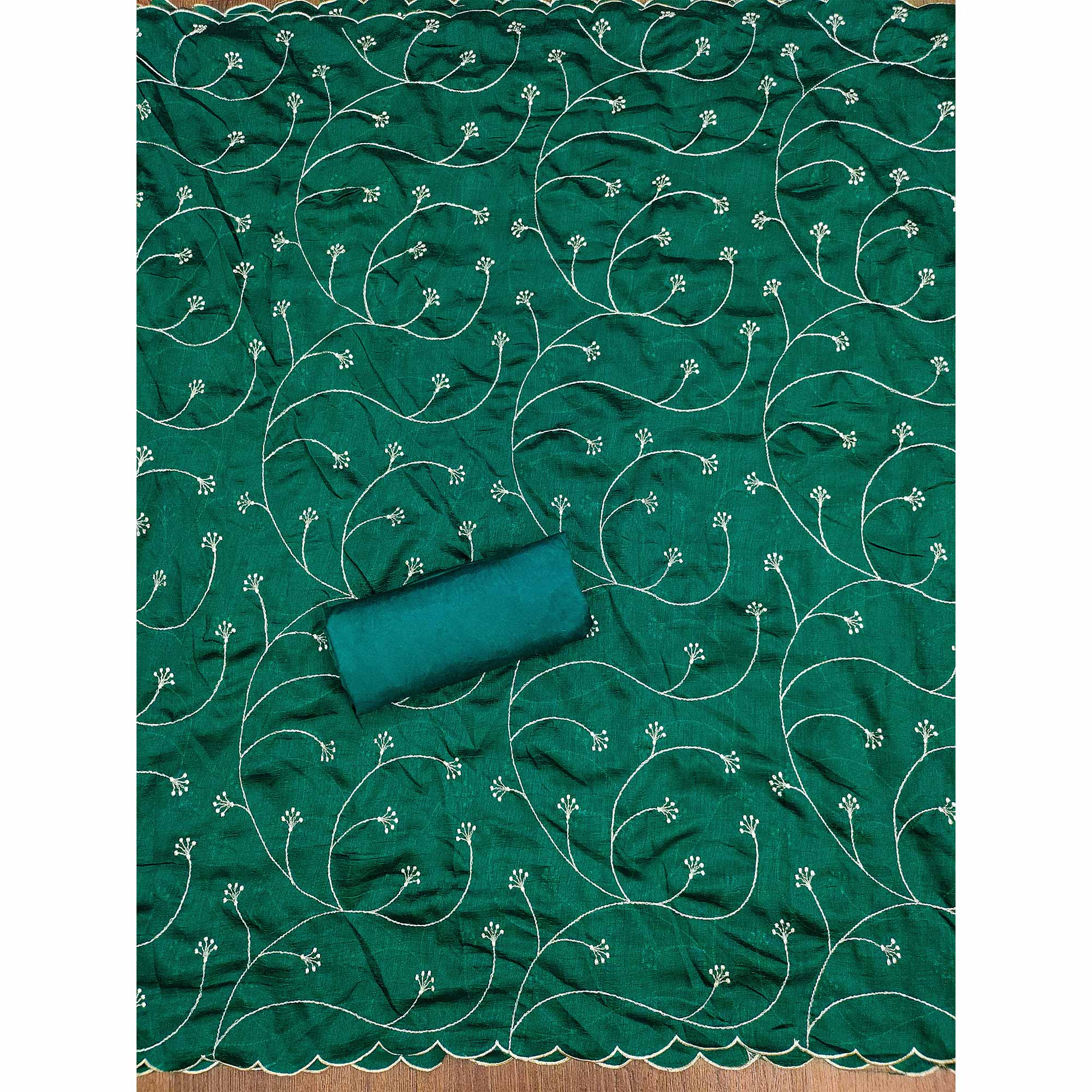 Green Vichitra Silk Dress Material with Graceful Floral Zari Embroidery