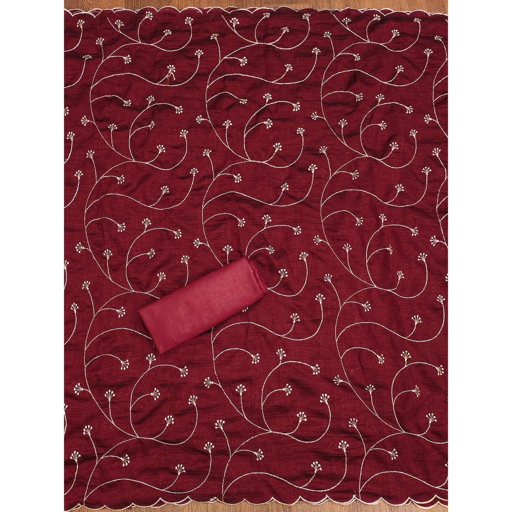 Maroon Vichitra Silk Dress Material with Graceful Floral Zari Embroidery