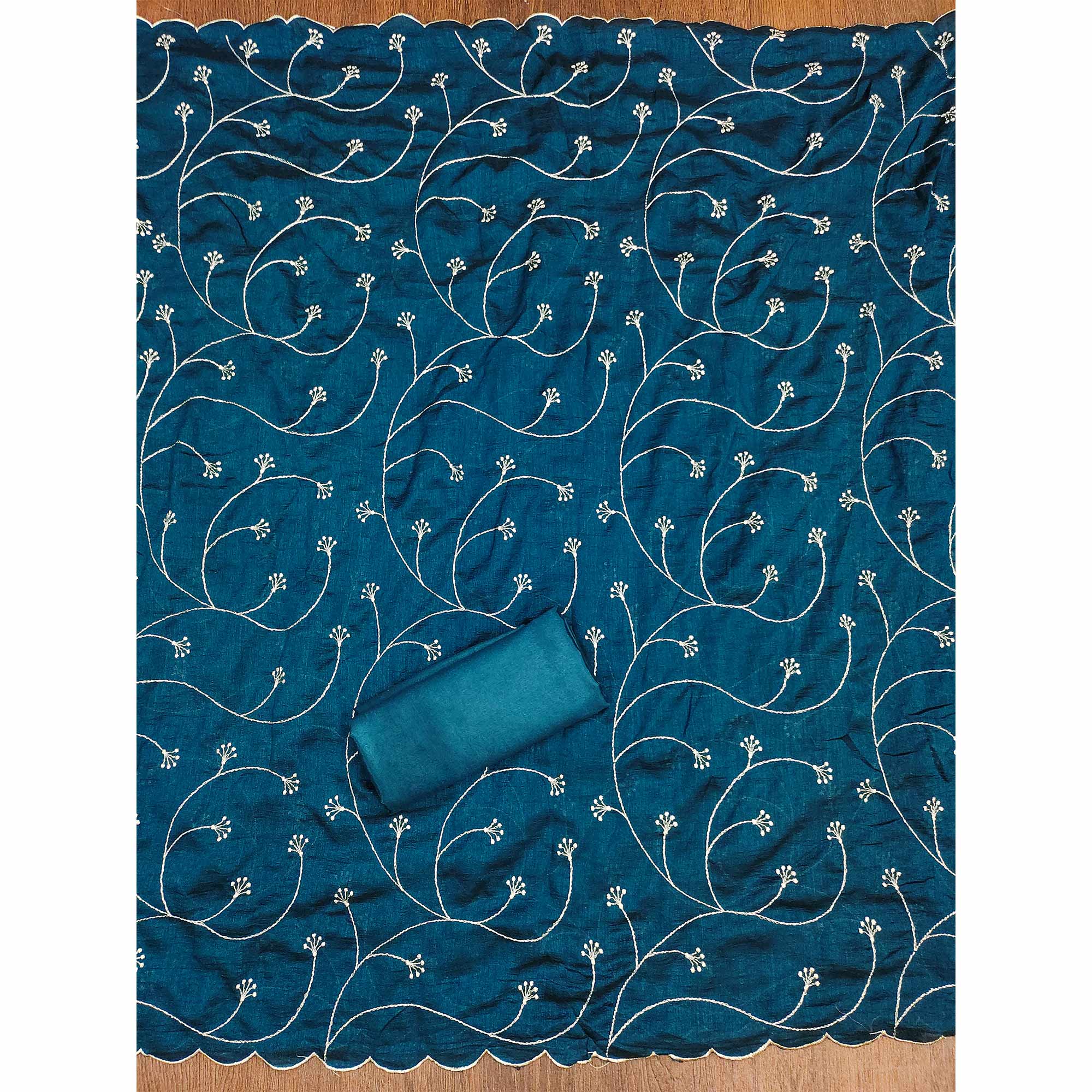 Morpich Blue Vichitra Silk Dress Material with Graceful Floral Zari Embroidery