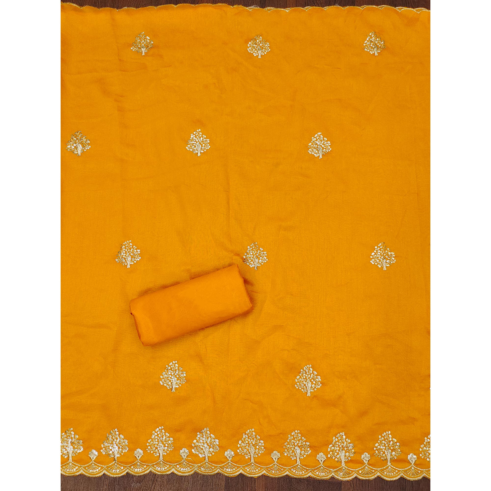 Mustard Sequins Embroidered Vichitra Silk Dress Material