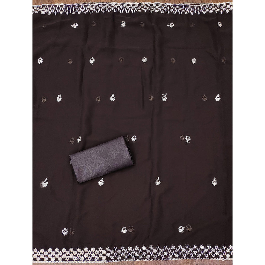 Brown Embroidered Georgette Dress Material