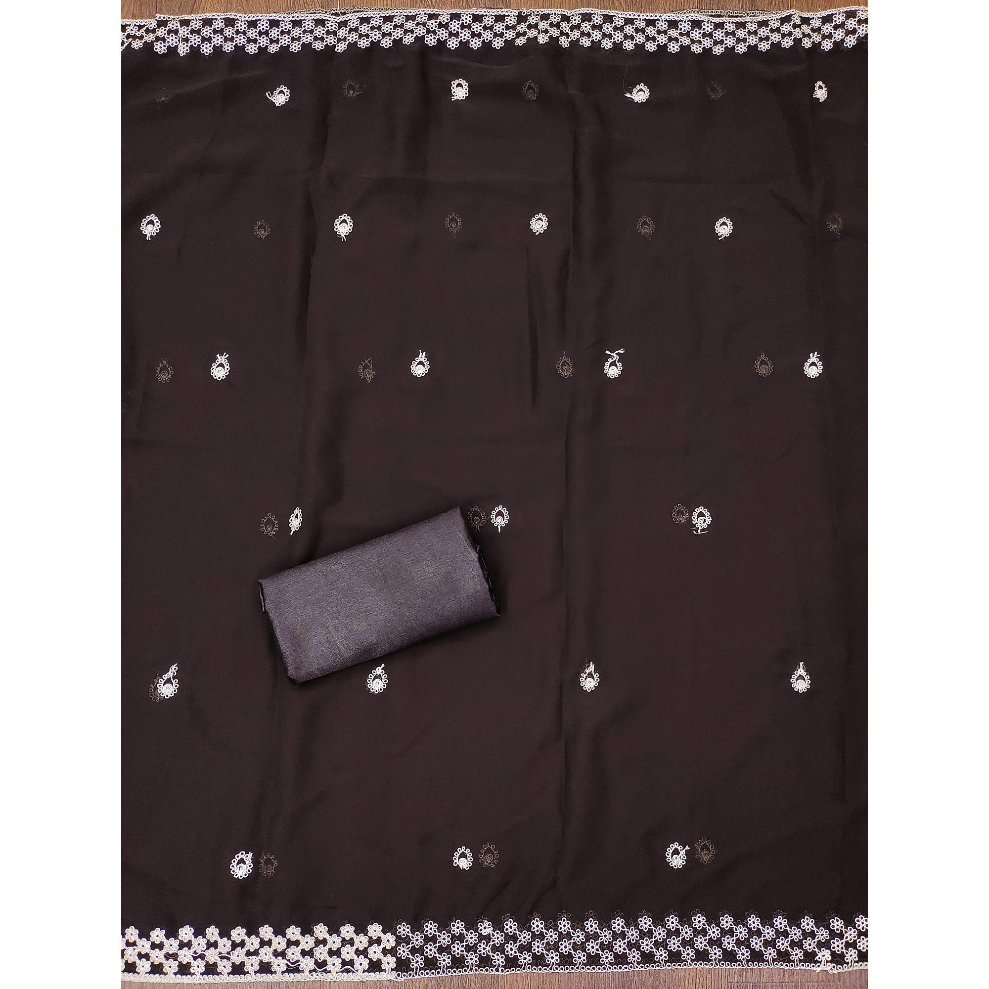 Brown Embroidered Georgette Dress Material