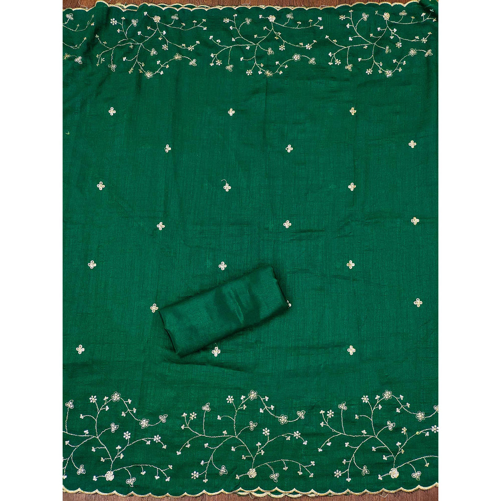 Green Floral Embroidered Vichitra Silk Dress Material