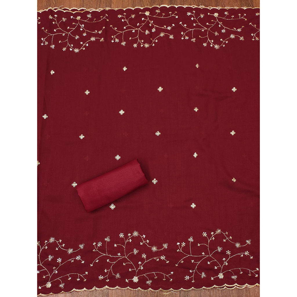 Maroon Floral Embroidered Vichitra Silk Dress Material